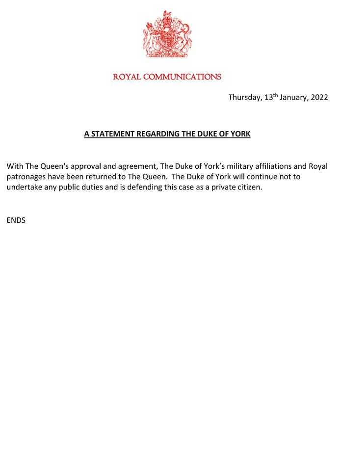 Declaración oficial del Palacio de Buckingham luego que más de 150 veteranos de la marina y del ejército británico le solicitaran a la reina Isabel II que despojara los títulos militares del príncipe Andrés.