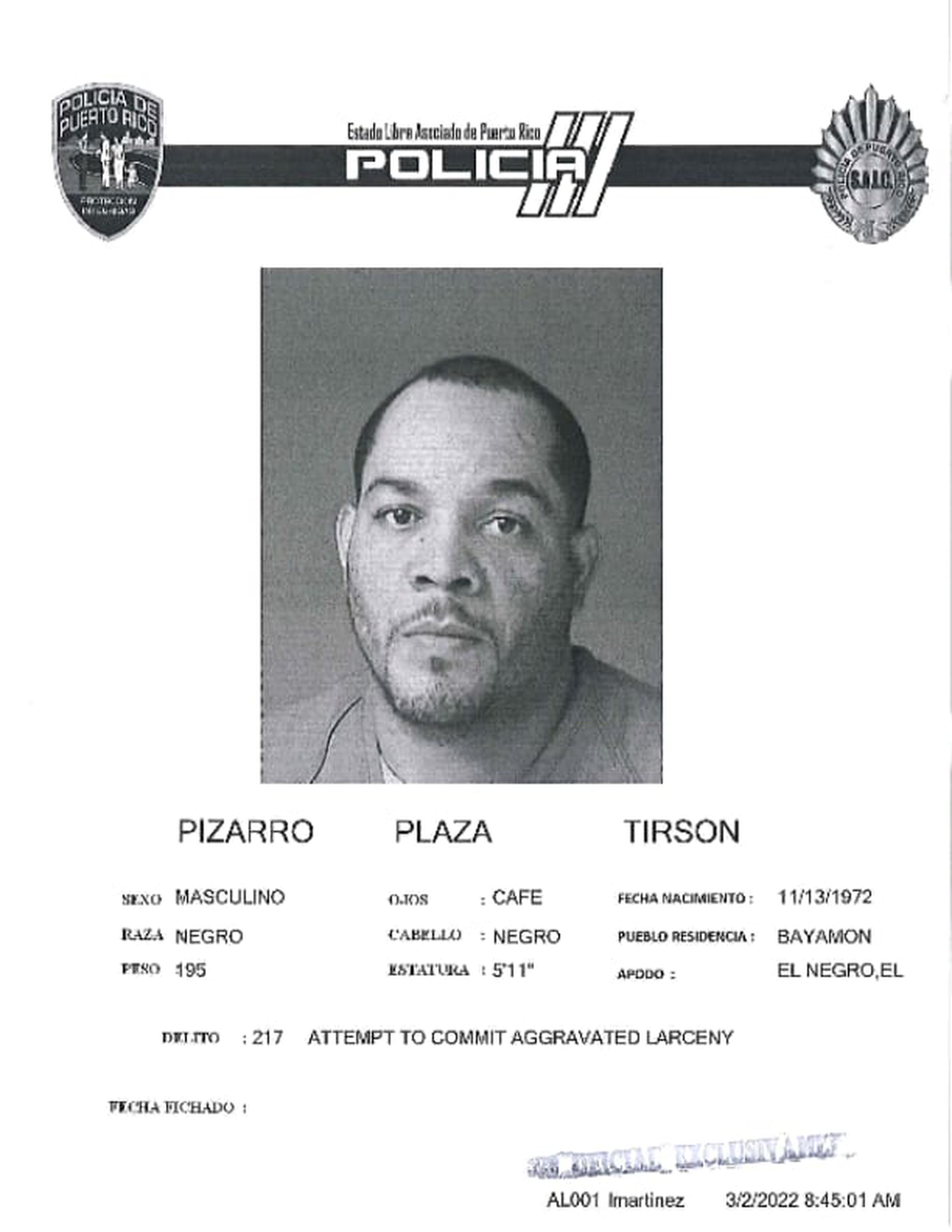 Tirson Pizarro Plaza es el líder de una organización criminal en la comunidad Villa Cañona, en Loíza, según el Negociado de la Policía.