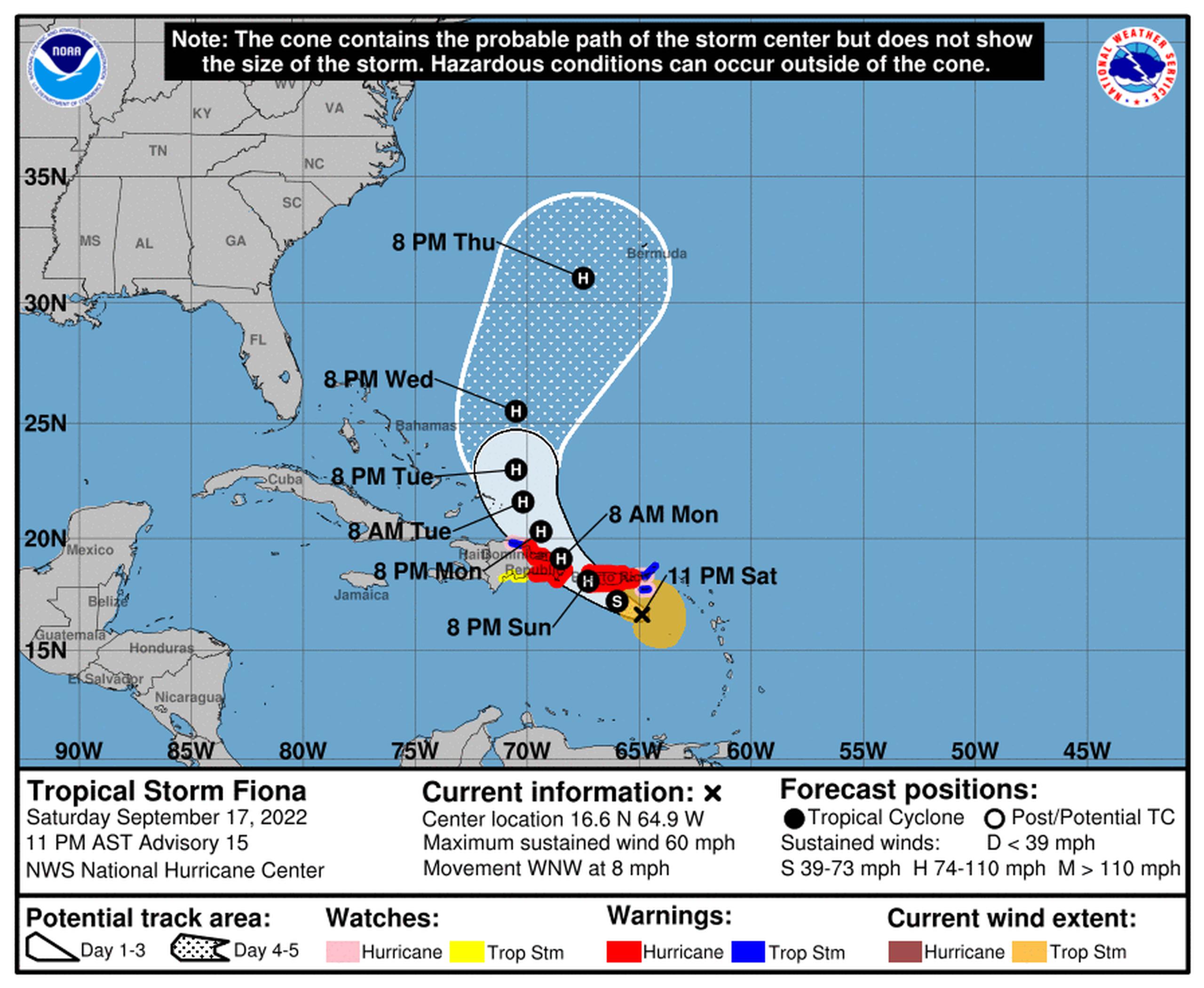 El centro de la tormenta tropical Fiona cambia nuevamente su ruta hacia el suroeste de Puerto RIco.