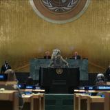 Dinosaurio “irrumpe” la Asamblea General de la ONU para llevar mensaje