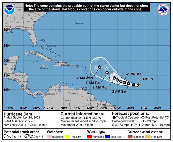 Pronóstico del huracán Sam emitido a las 5:00 de la mañana del 24 de septiembre de 2021.