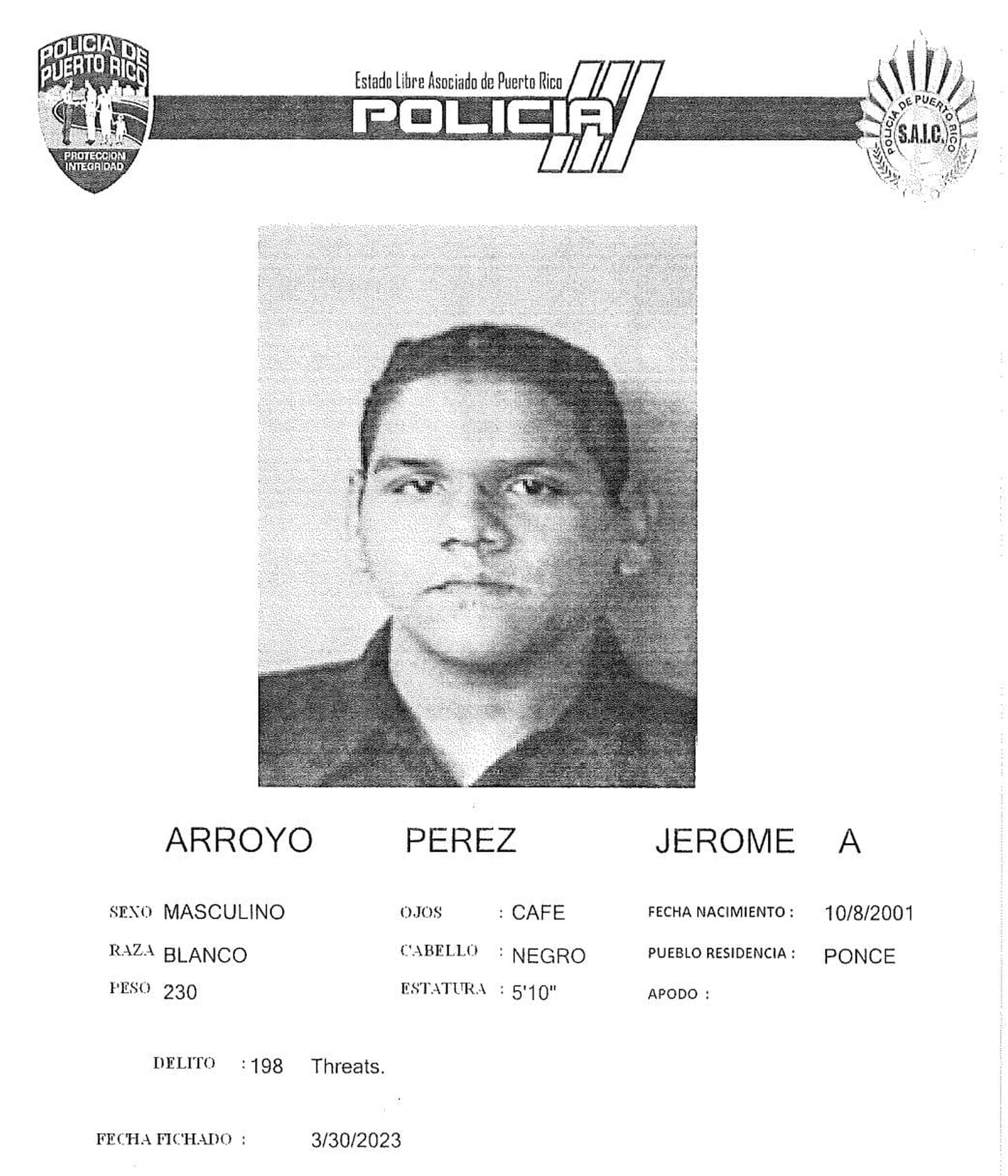 Jerome A. Arroyo Pérez enfrenta cargos por amenaza, impostura y posesión y traspaso de documentos falsificados.