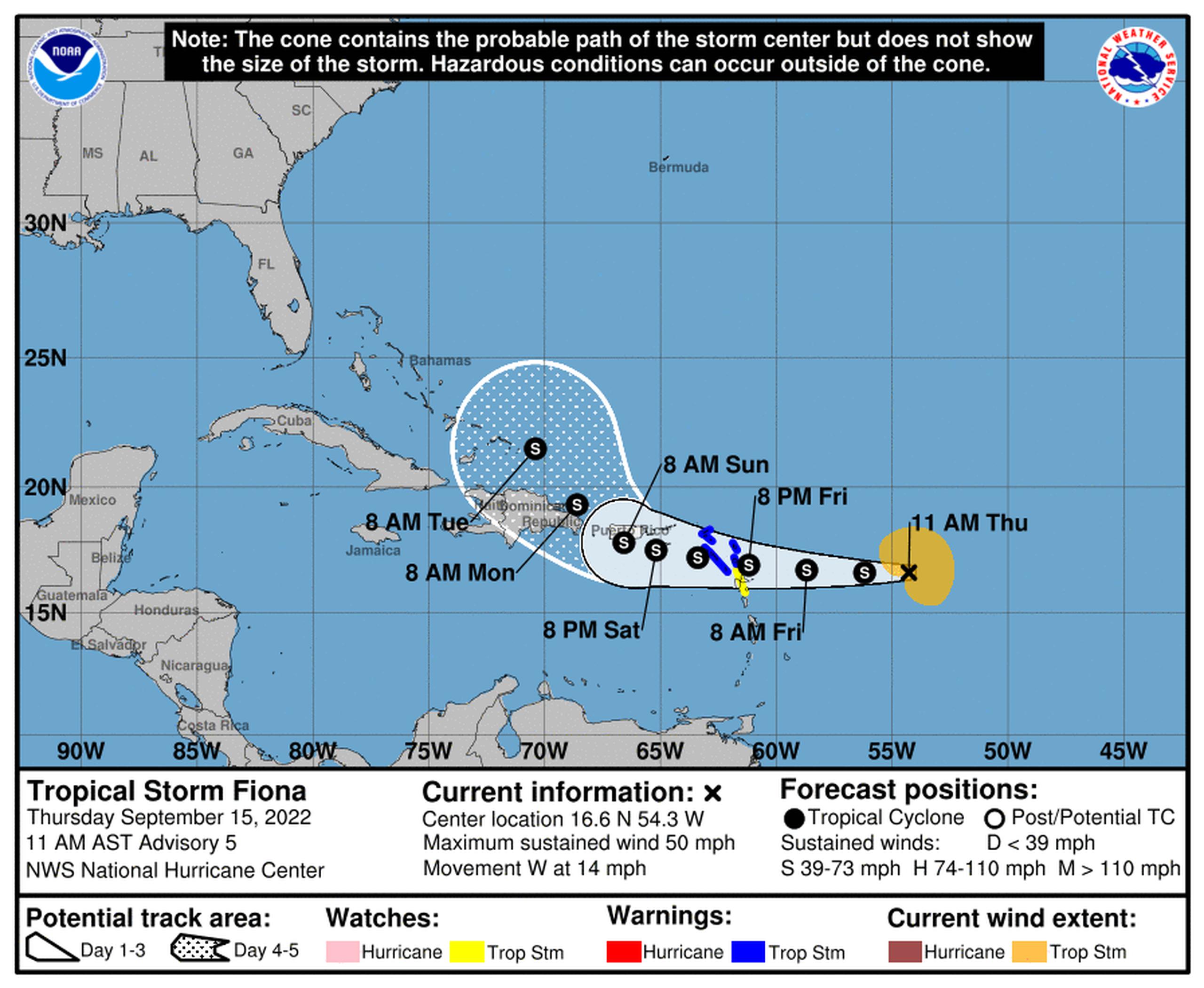Pronóstico de la tormenta tropical Fiona emitido a las 11:00 de la mañana por el Centro Nacional de Huracanes.