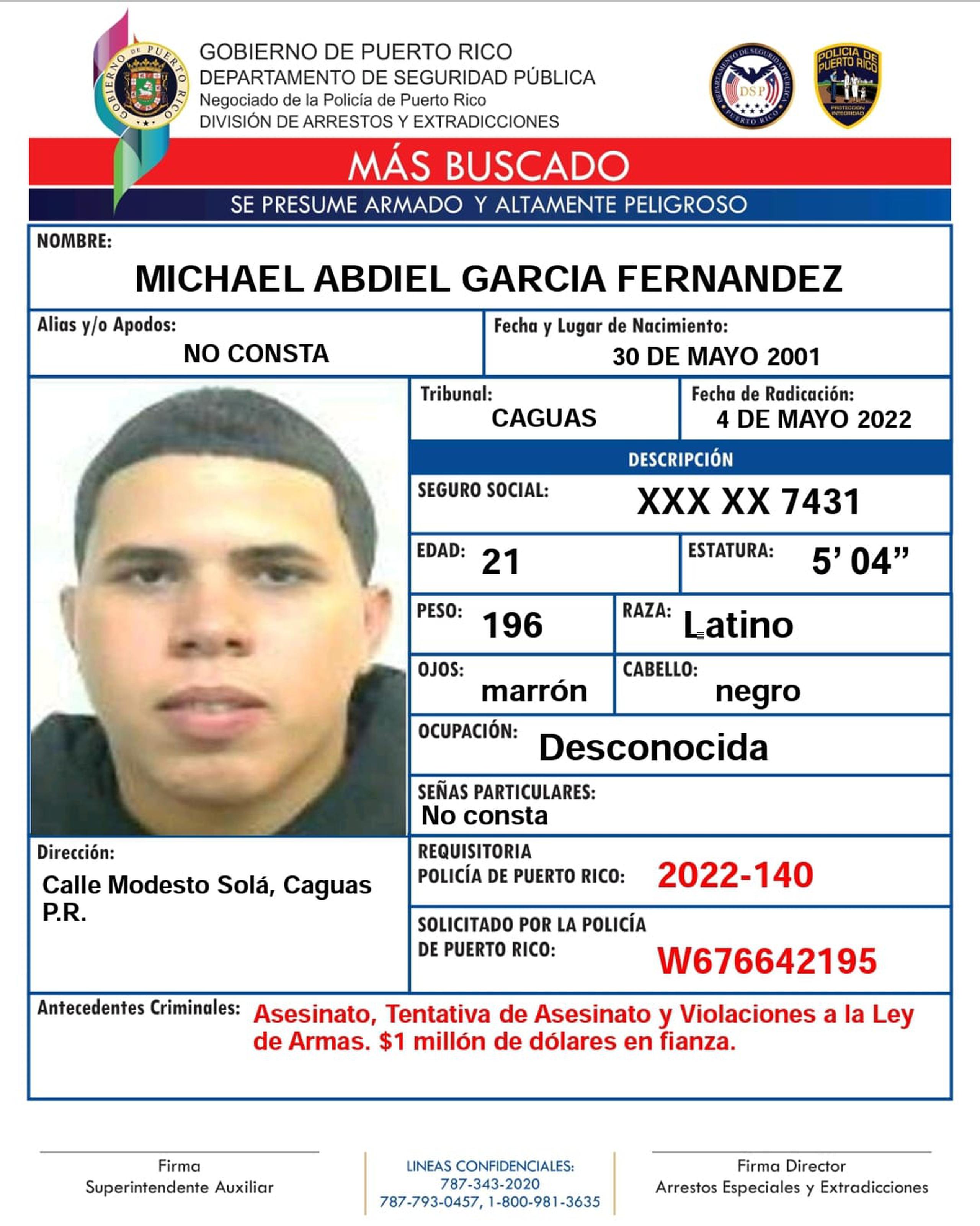 Michael Abdiel García Fernández y su hermano fueron acusados en ausencia por cargos de asesinato en primer grado, tentativa de asesinato y violación a la Ley de Armas.