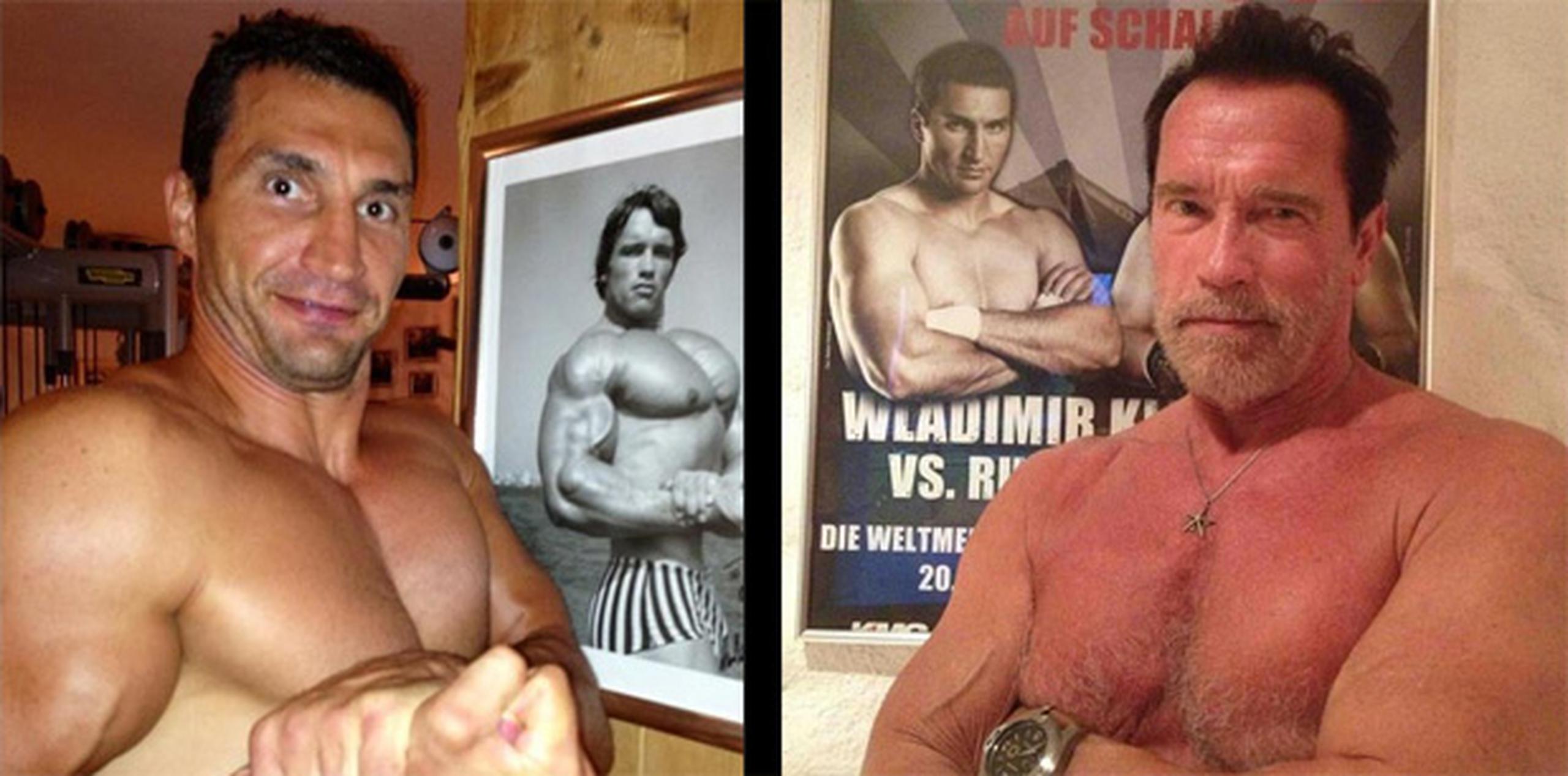 Wladimir Klitschko y Arnold Schwarzenegger intercambiaron estas fotos a través de sus cuentas de Twitter. (Twitter/Schwarzenegger/Klitschko)