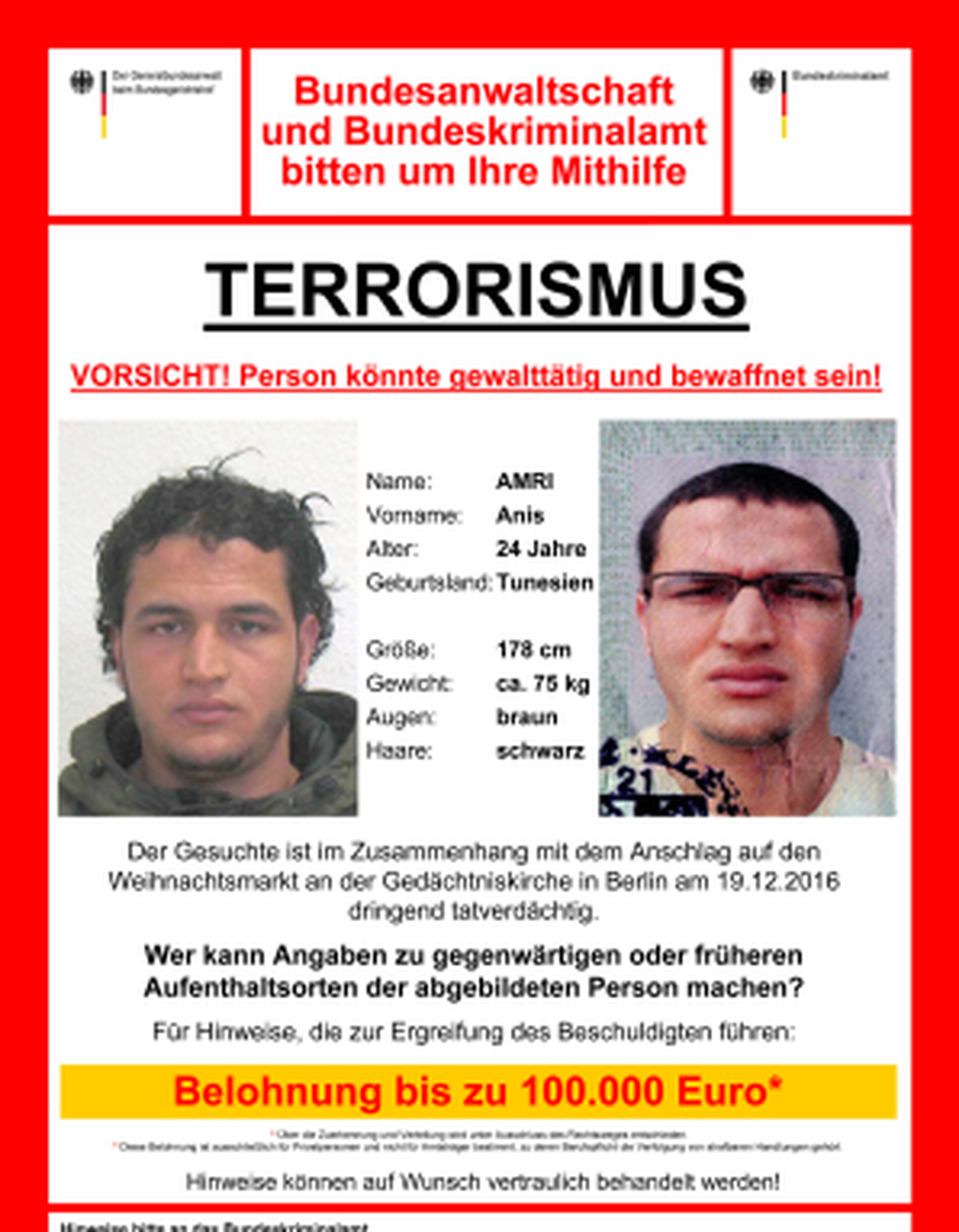 La policía federal alemana emitió un aviso de búsqueda contra Anis Amri con una recompesa de 100,000 euros. (German police via AP)
