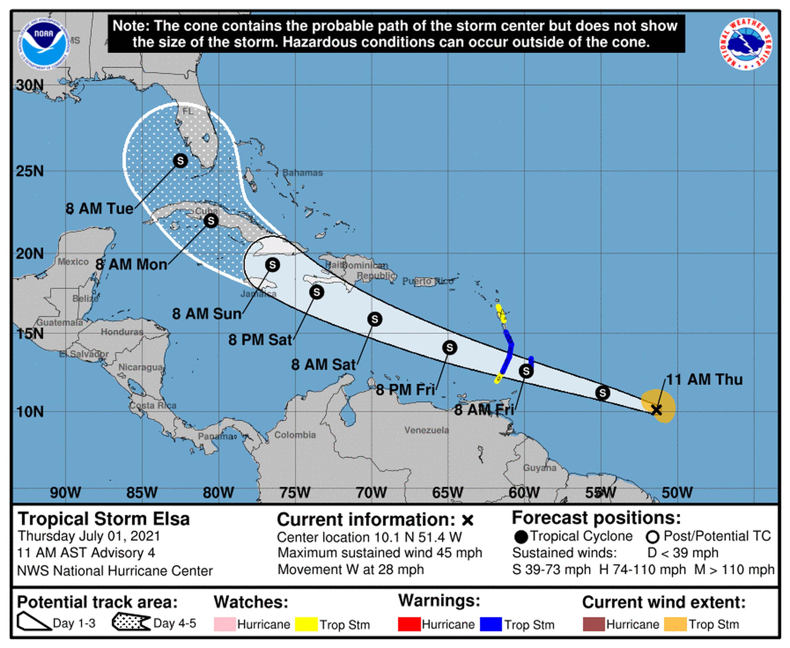 Pronóstico de la tormenta tropical Elsa emitido a las 11:00 de la mañana por el Centro Nacional de Huracanes de los Estados Unidos el 1 de julio de 2021.