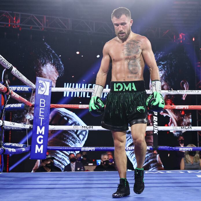 Vasiliy Lomachenko lost a tough fight a few weeks ago in which he sought to unify the division against Teofimo López. Instead he lost the WBA, WBO and WBC belts to the IBF champion in the lawsuit. (Top Rank / Mikey Williams)