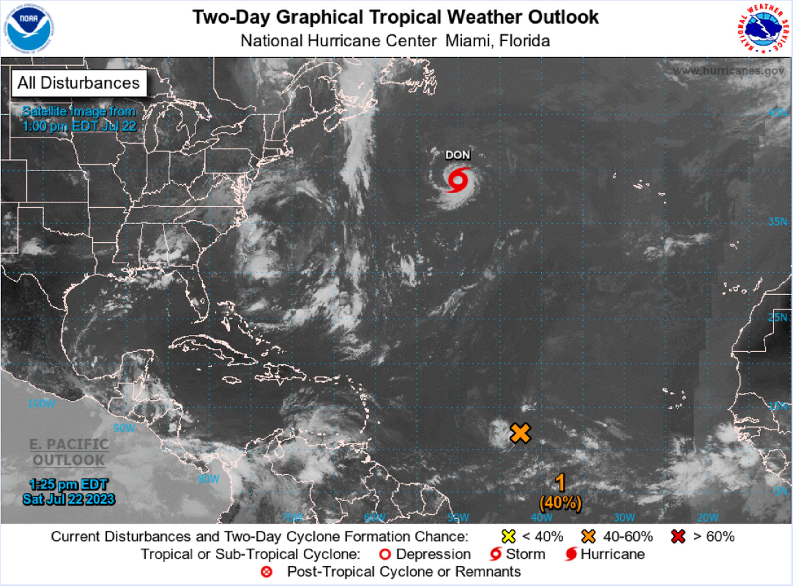 Dentro de las próximas 48 horas, la onda tropical sobre las aguas del Atlántico tiene una probabilidad de desarrollo ciclónico de 40%.