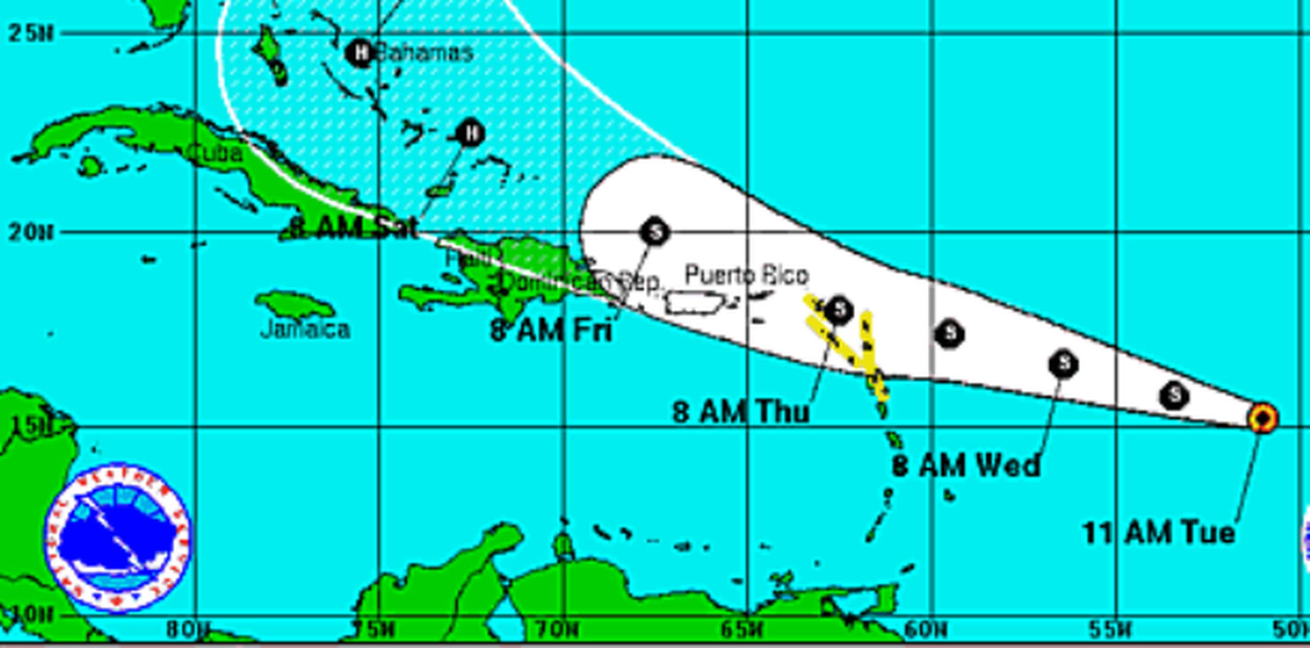 La proyección coloca a Erika afectando la isla entre jueves y viernes. (imagen de satélite)