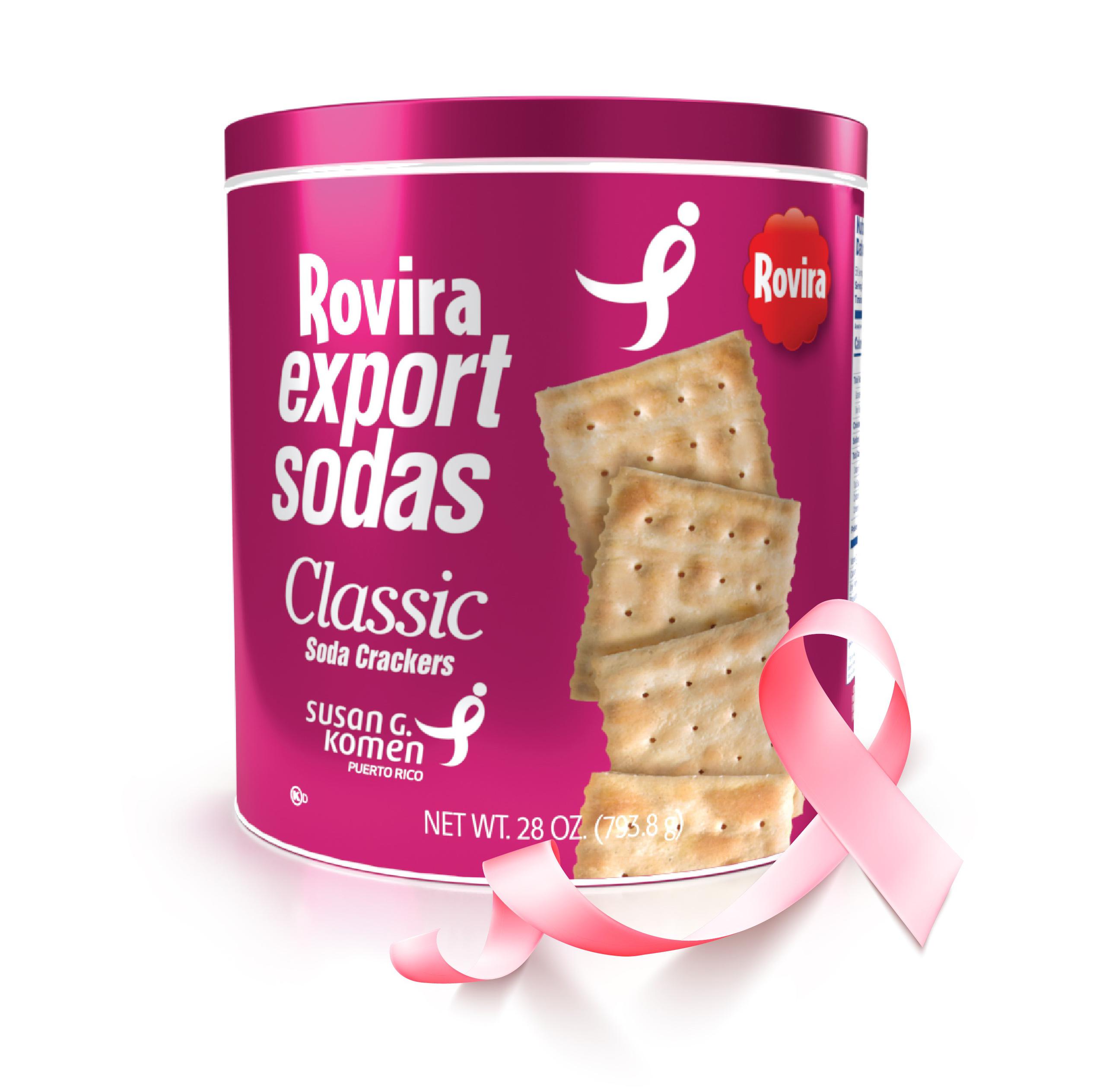 La icónica lata azul de las galletas Rovira Export Sodas Classic se viste de rosa e incorpora, en su interior, información educativa para la salud de los senos.
