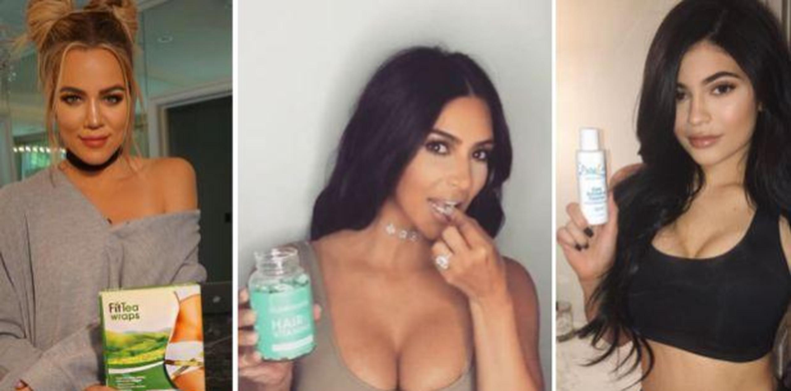 Fotos de Khloé Kardashian, Kim Kardashian y Kylie Jenner promocionando productos en Instagram. (Instagram)