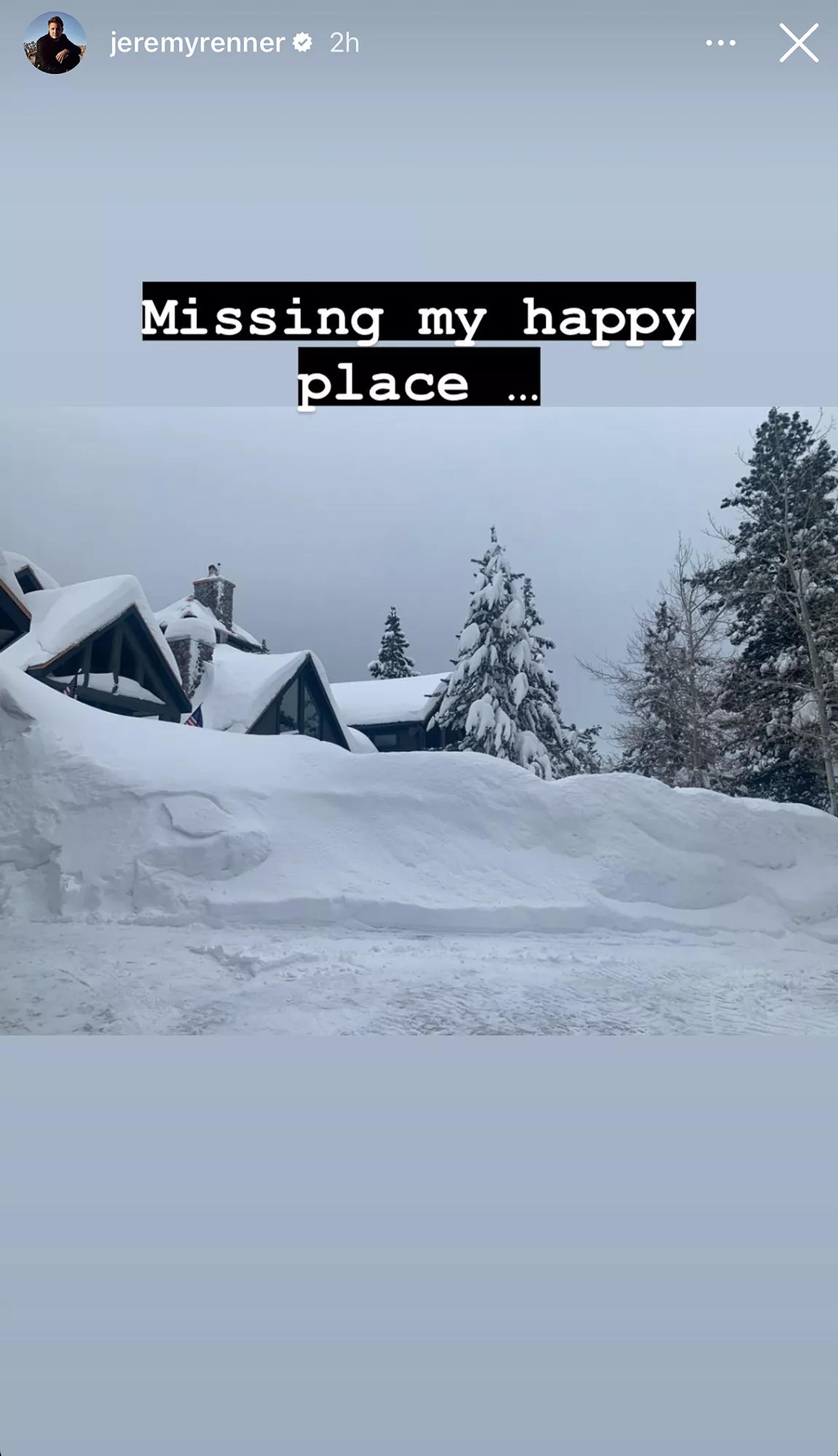 Jeremy Renner publicó un "story" en su cuenta de Instagram donde aseguró extrañar su cabaña en Reno.