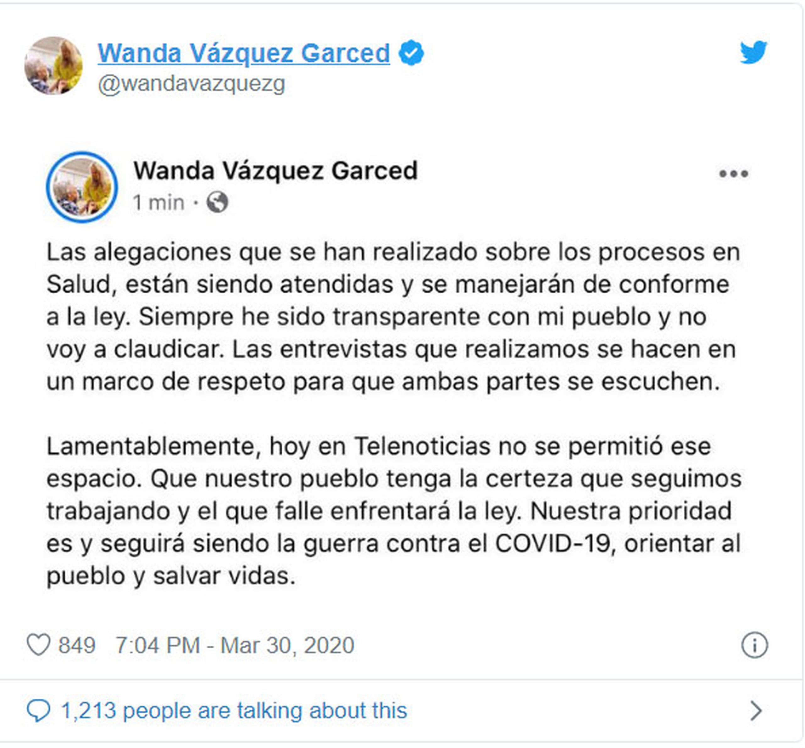 Twitter de la gobernadora Wanda Vázquez.