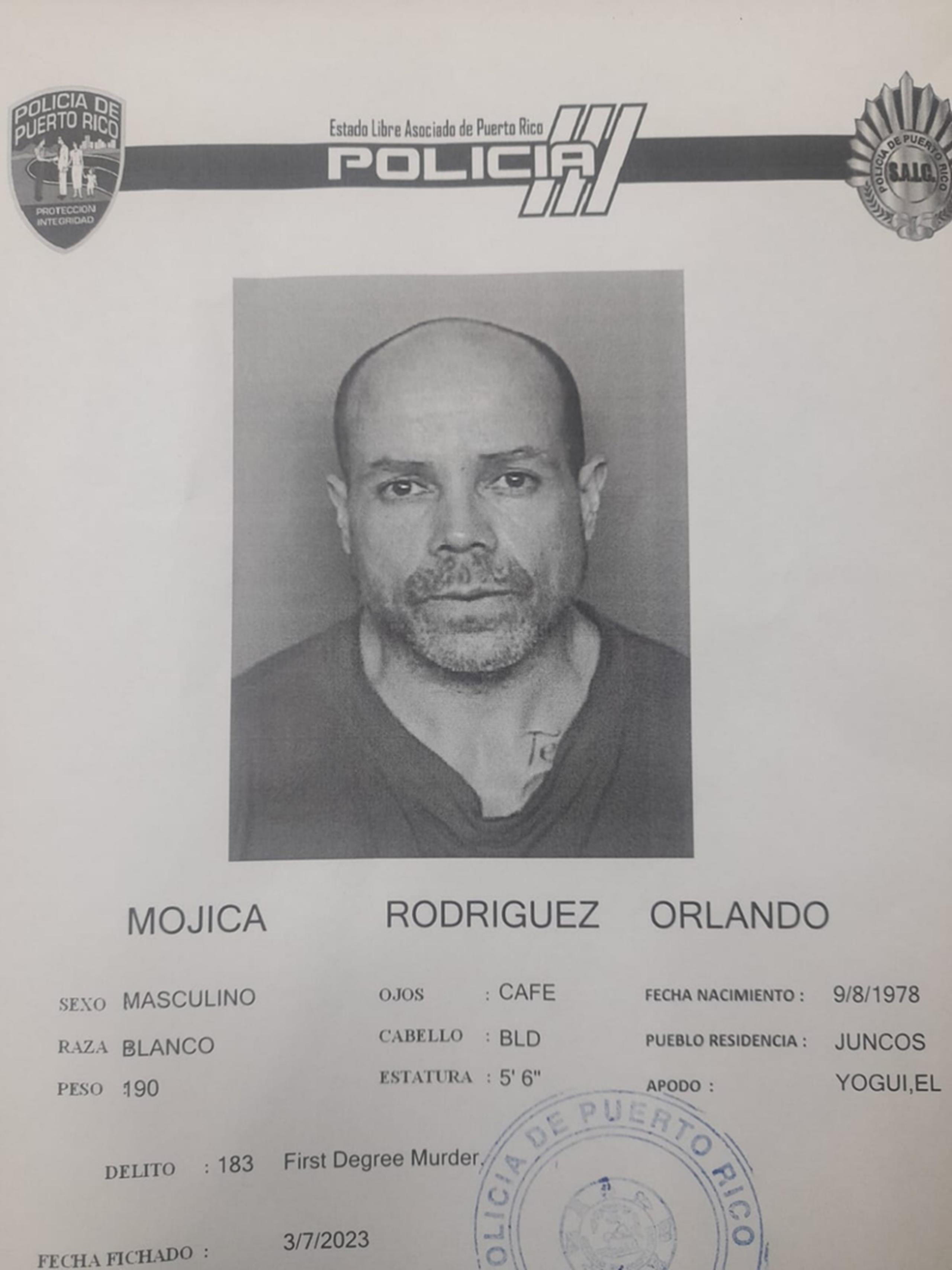 Ficha suministrada por la Policía de Orlando Mojica Rodríguez, conocido como Yogui, de 45 años y residente de Juncos