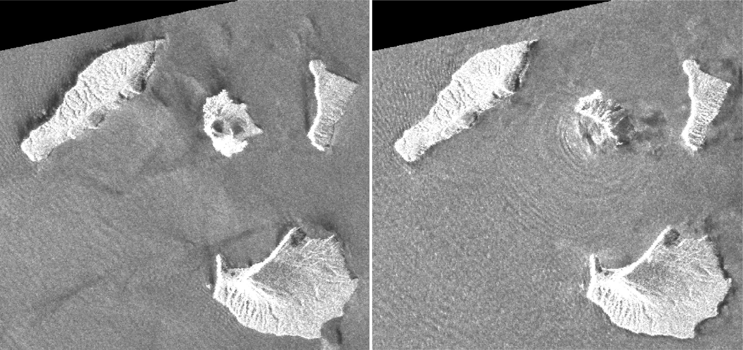 Combinación de imágenes de radar de apertura sintética que muestran al volcán Anak Krakatau antes y después de su erupción el 22 de diciembre. (Autoridad de Información Geoespacial de Japón vía AP)