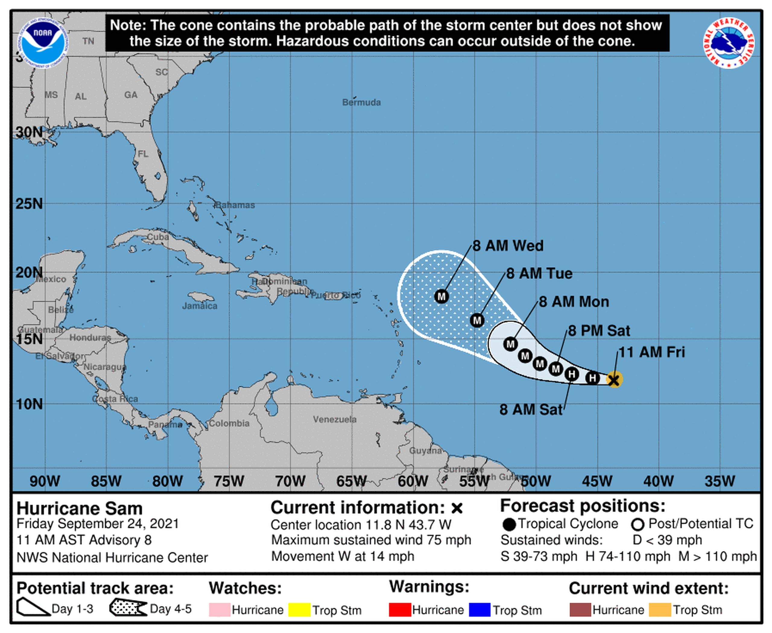 El huracán Sam girará al norte a medida que se acerque al Caribe. (NOAA)