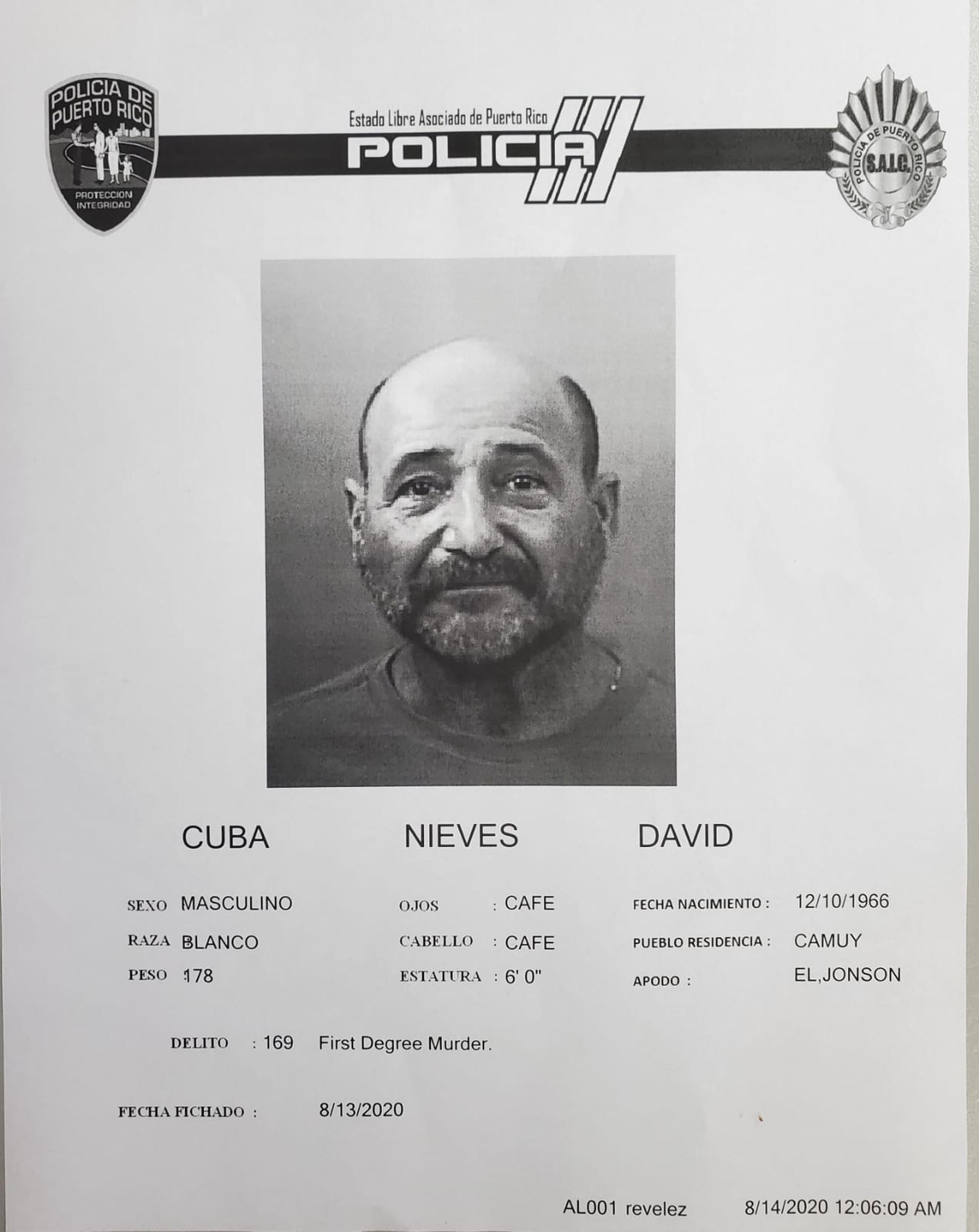Se determinó causa para arresto contra David Cuba Nieves por cargos de asesinato en primer grado y violación a la Ley de Armas, señalándole una fianza de $110,000, la cual no prestó.
