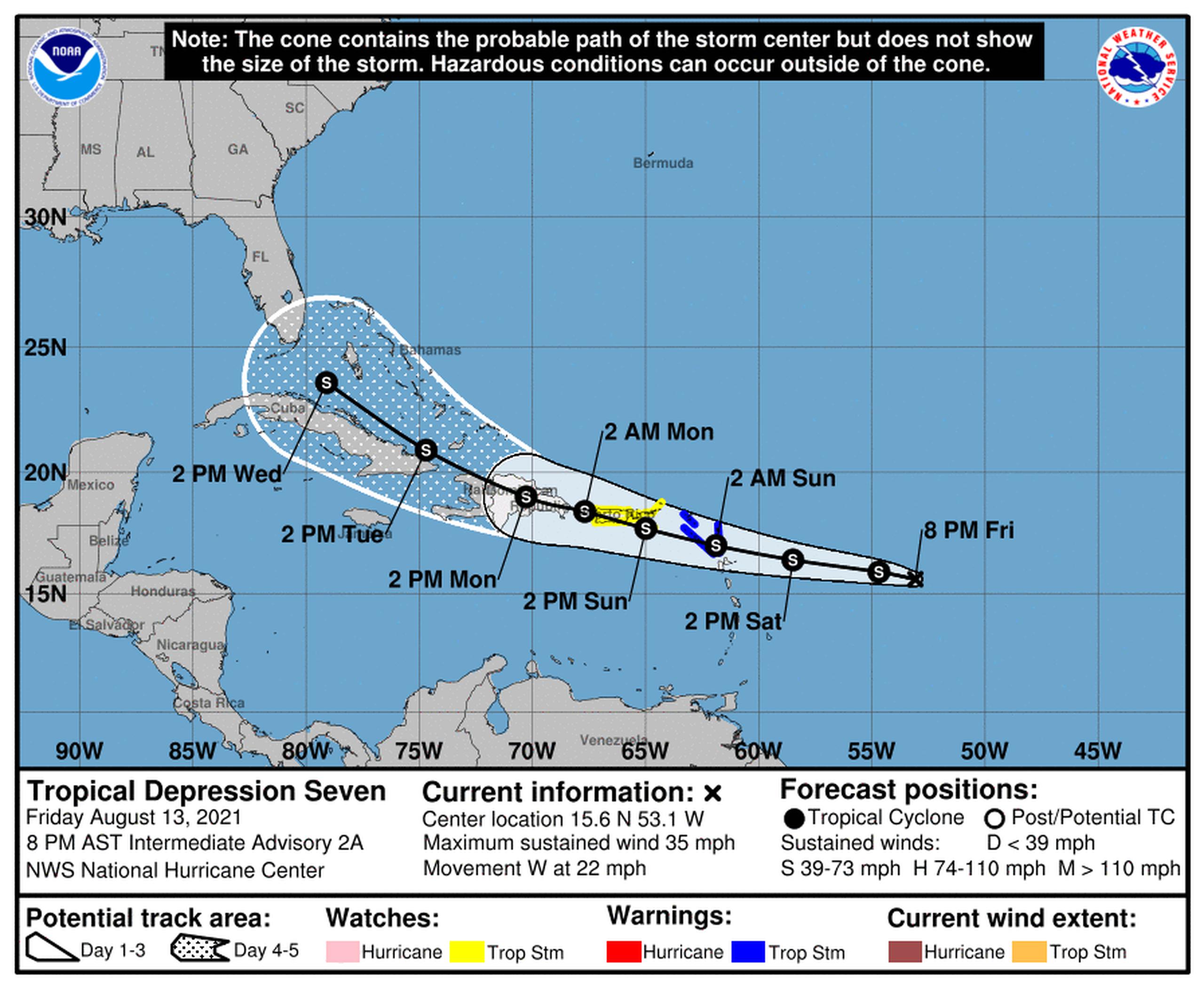 Cono de incertidumbre para la depresión tropical 7, según el boletín intermedio de las 8:00 de la noche.