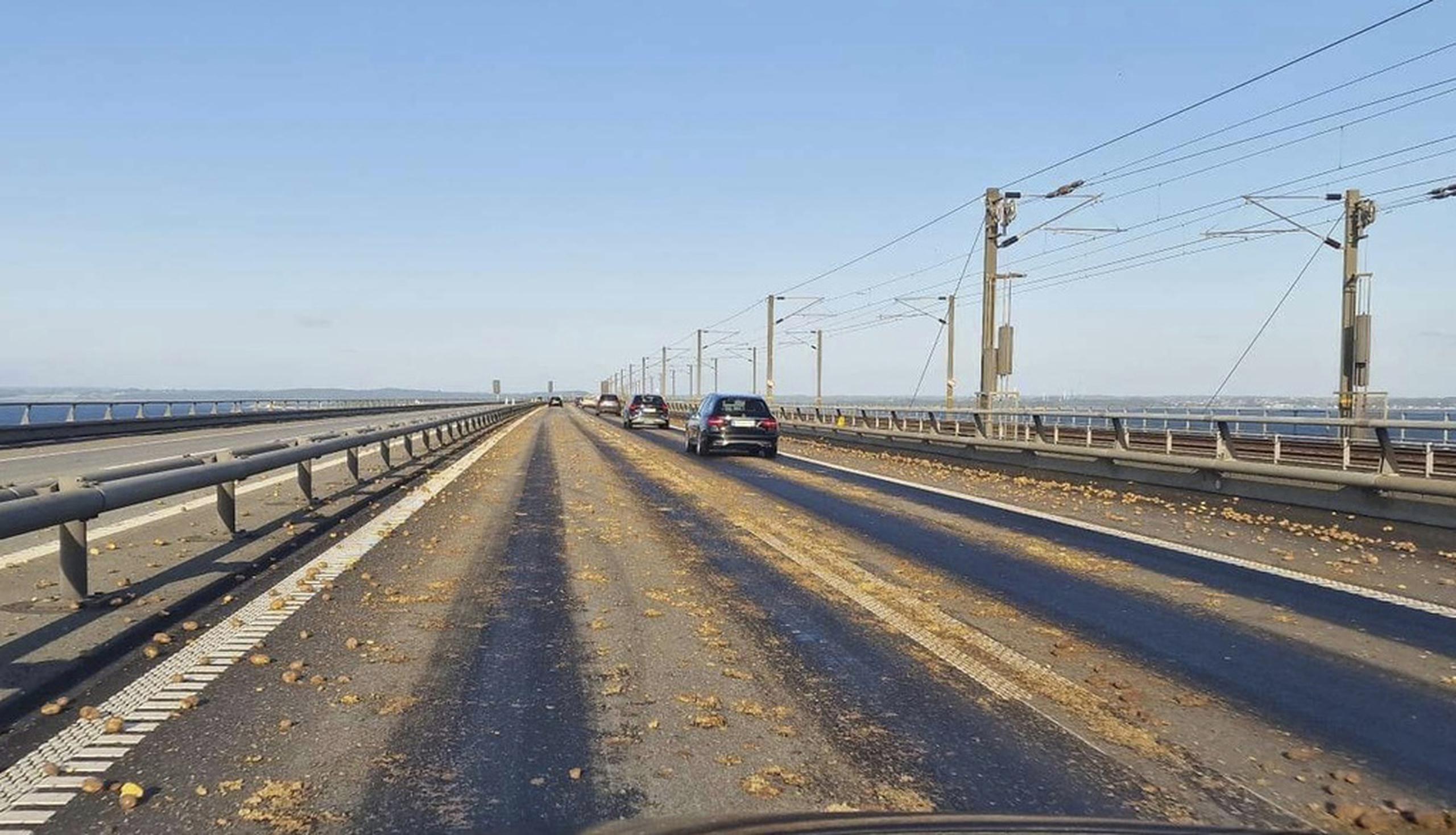 Papas tiradas por la carretera en el lado occidental del Puente Gran Belt en Dinamarca este jueves.