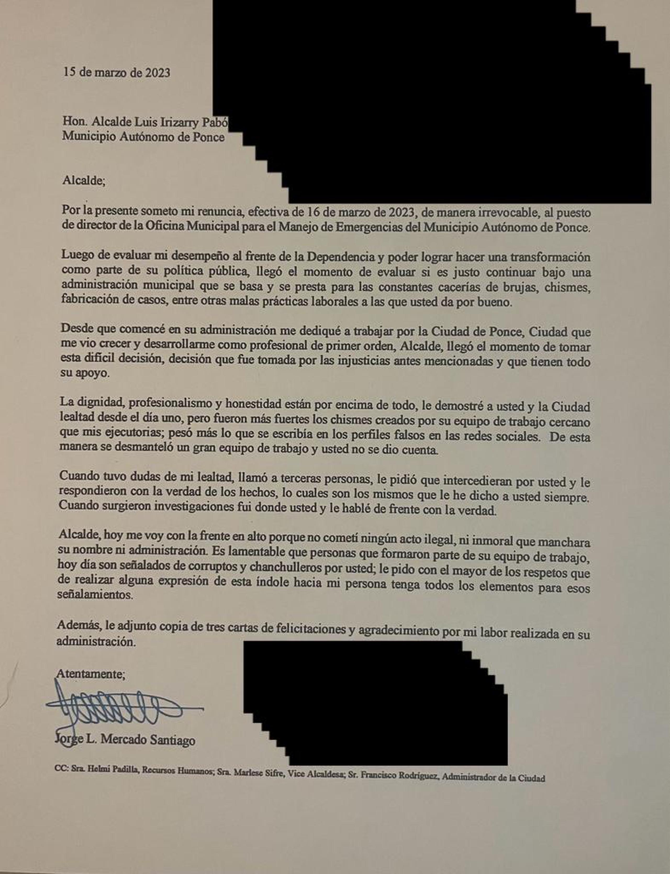 Carta de renuncia del director de Manejo de Emergencias Municipal de Ponce.