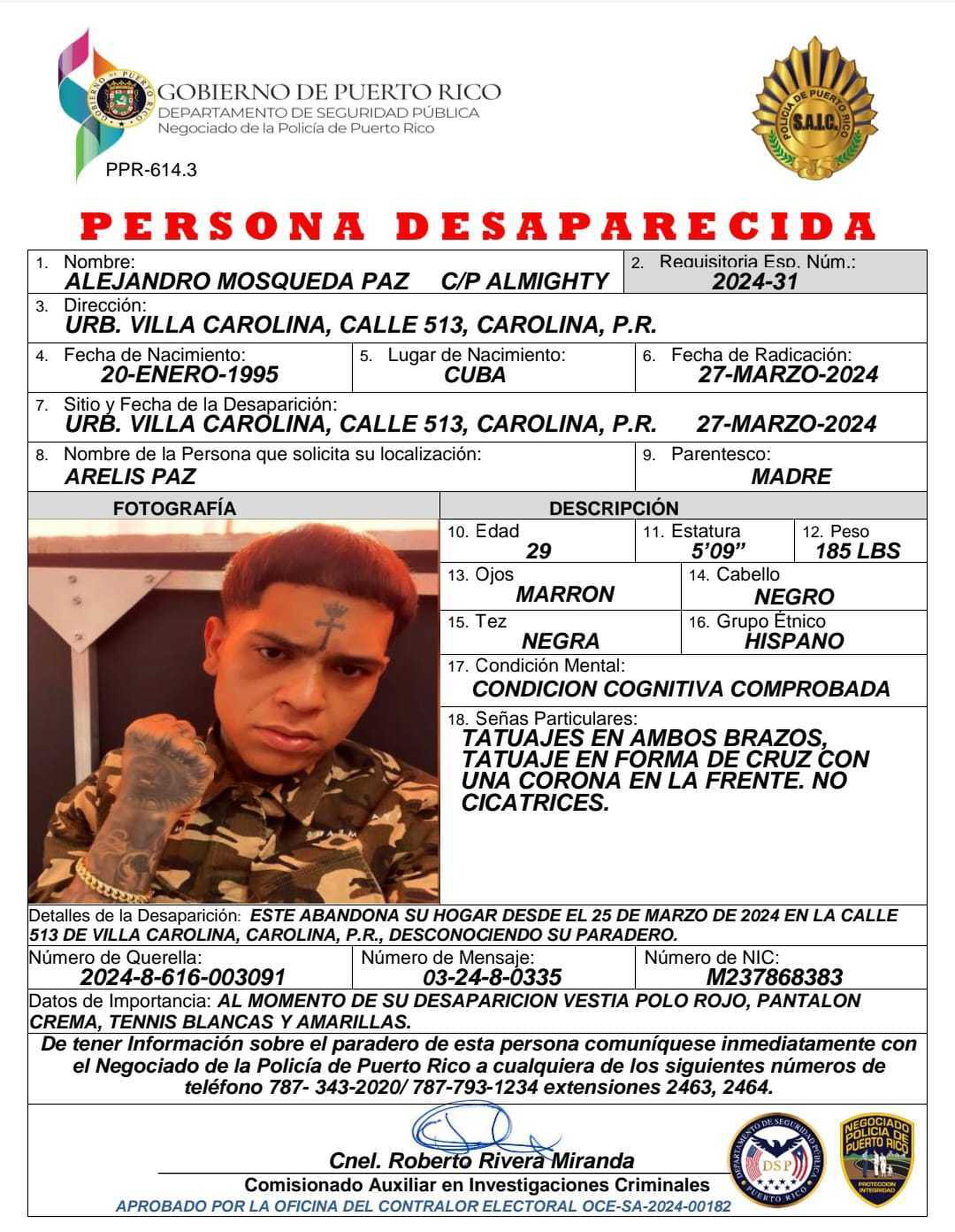 Alejandro Mosqueda Paz, Almighty, fue reportado como desaparecido el martes.