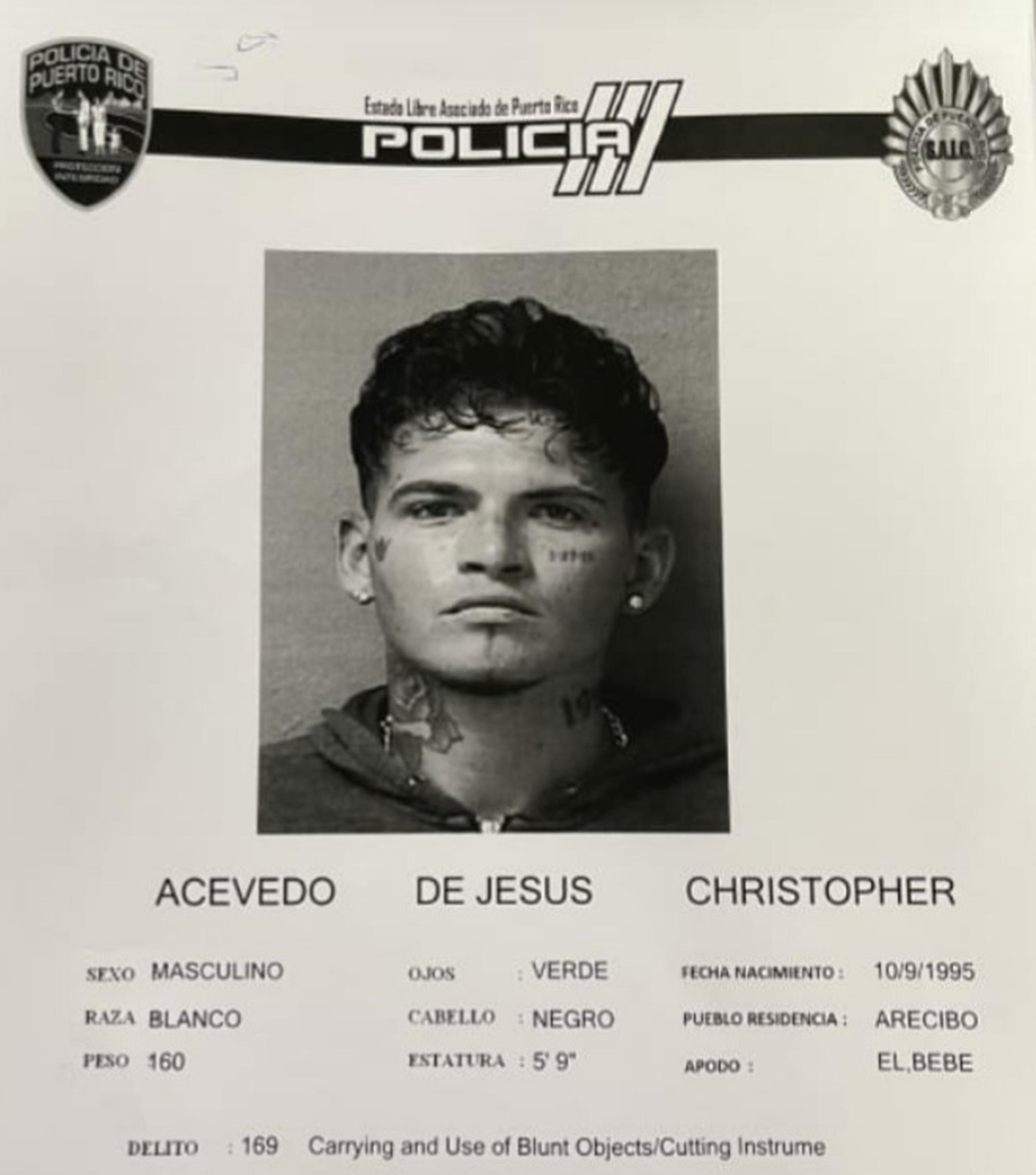 Christopher Acevedo De Jesús 25 años, fue encarcelado tras ser acusado por violación a la Ley de Armas, daños agravados, agresión y amenaza (menos grave),