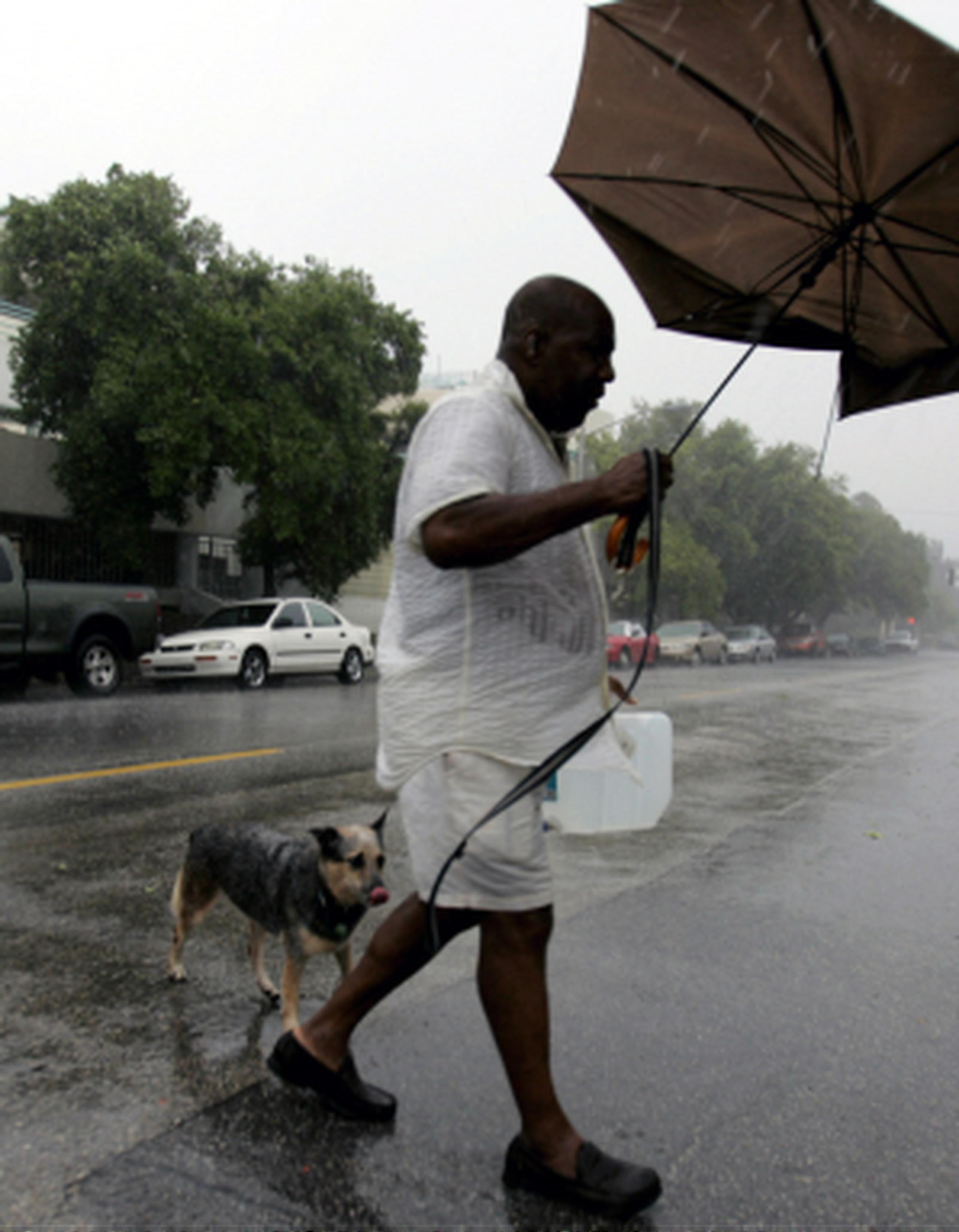 Este hombre cruza una calle en medio de la lluvia y el viento junto a su perro durante el paso de Katrina, huracán de 2005 en el que murieron 600,000 animales. (Archivo)