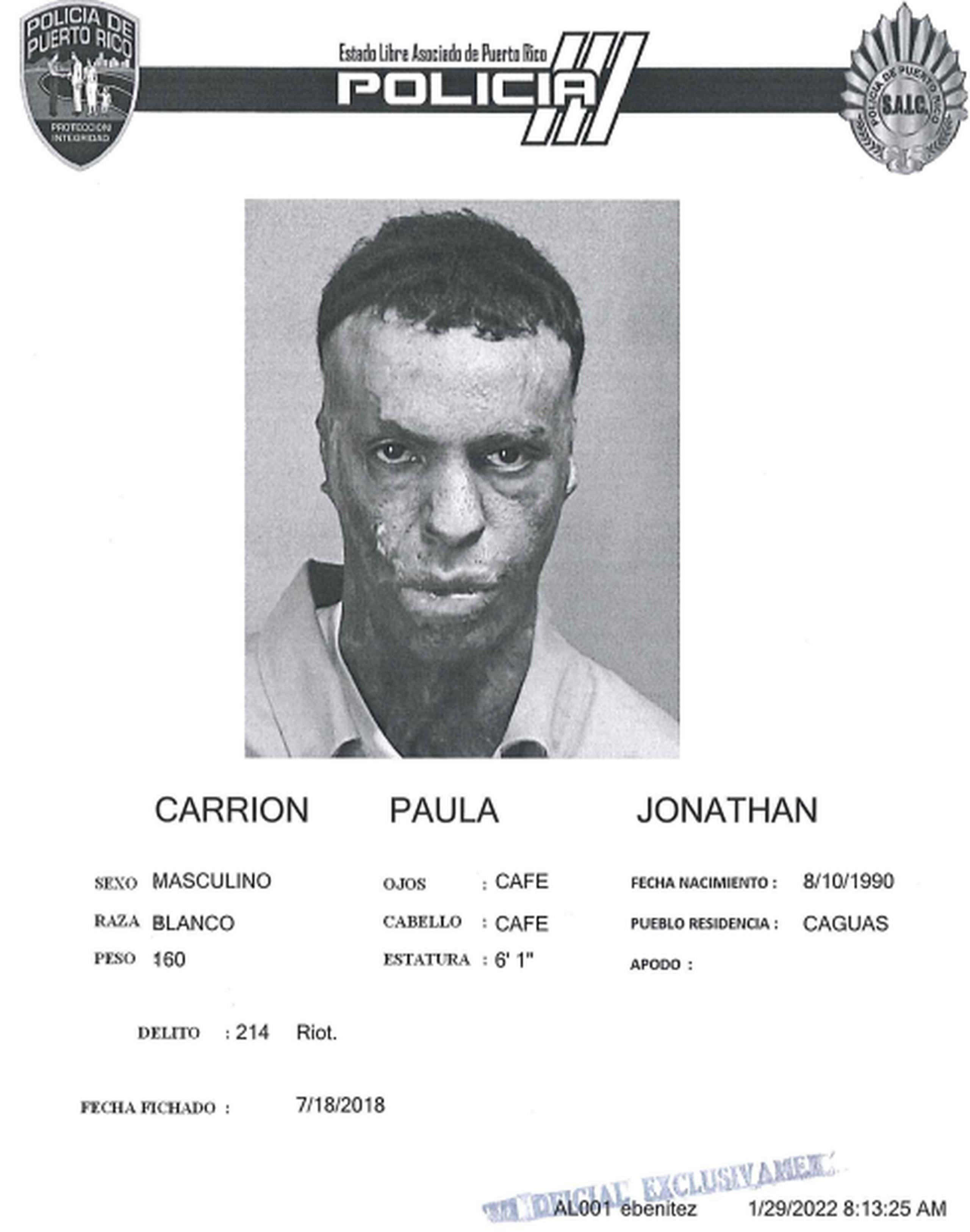 Ficha de Jonathan Carrión Paula, quien fue asesinado en la tarde de ayer, viernes, en Caguas.
