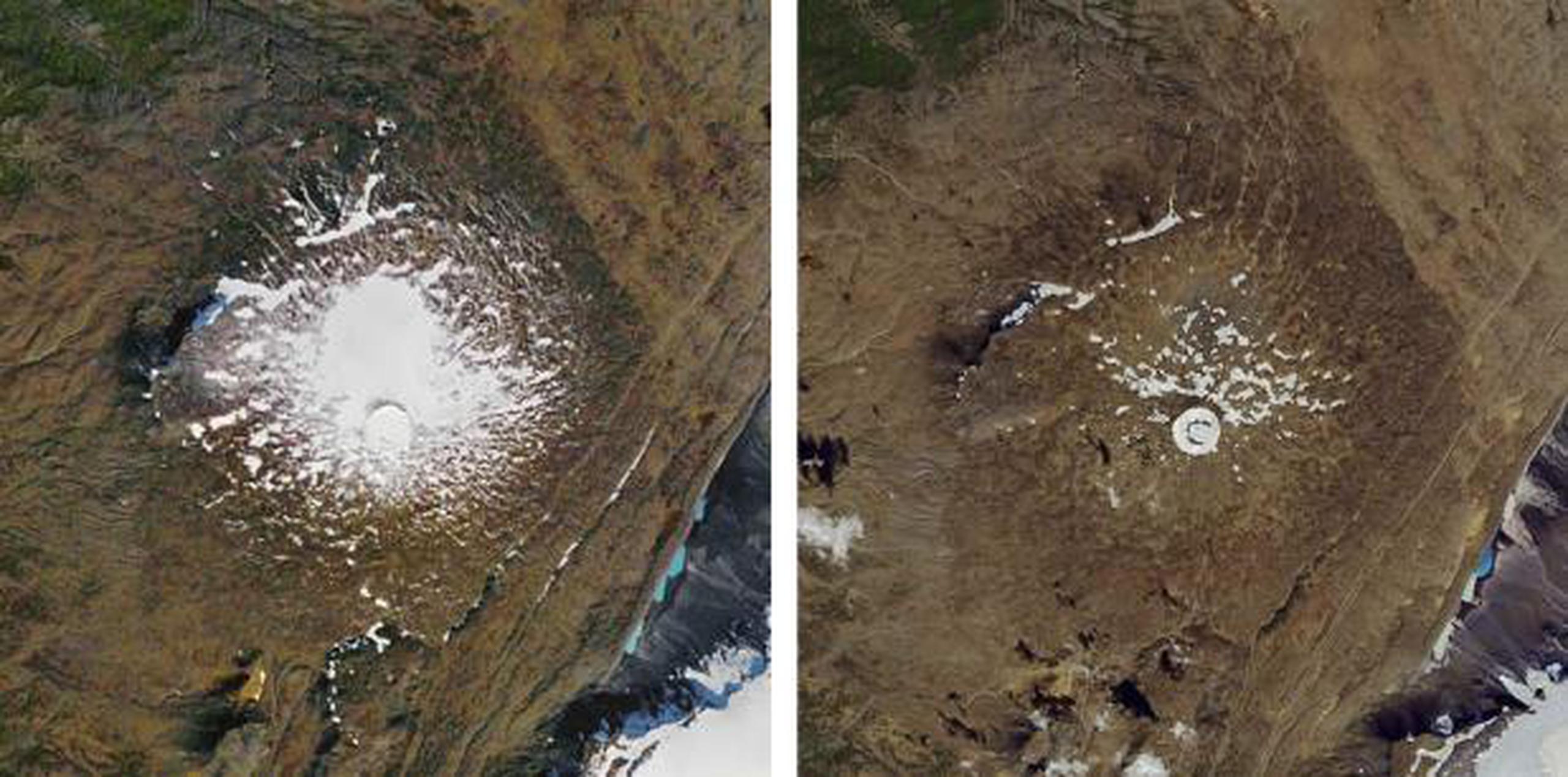 Esta combinación de fotos del 14 de septiembre de 1986 a la izquierda y del 1 de agosto de 2019 muestra la reducción del glaciar Okjökull. (NASA vía AP)