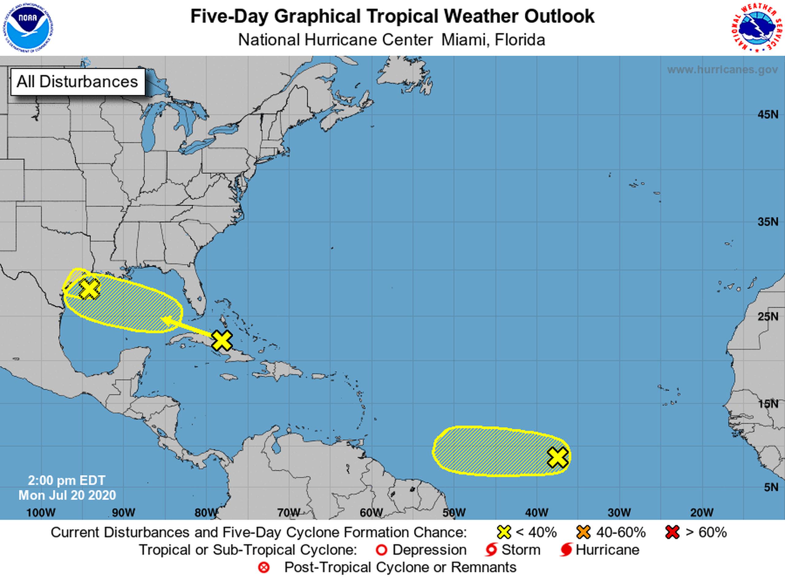 El Centro Nacional de Huracanes en Miami vigila tres áreas con potencial de convertirse en un sistema tropical organizado.