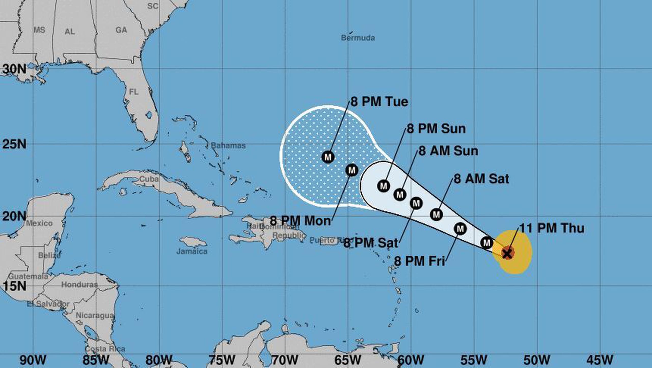 Trayectoría del Centro Nacional de Huracanes del huracán Lee en el boletín de las 11:00 de la noche del 7 de septiembre.