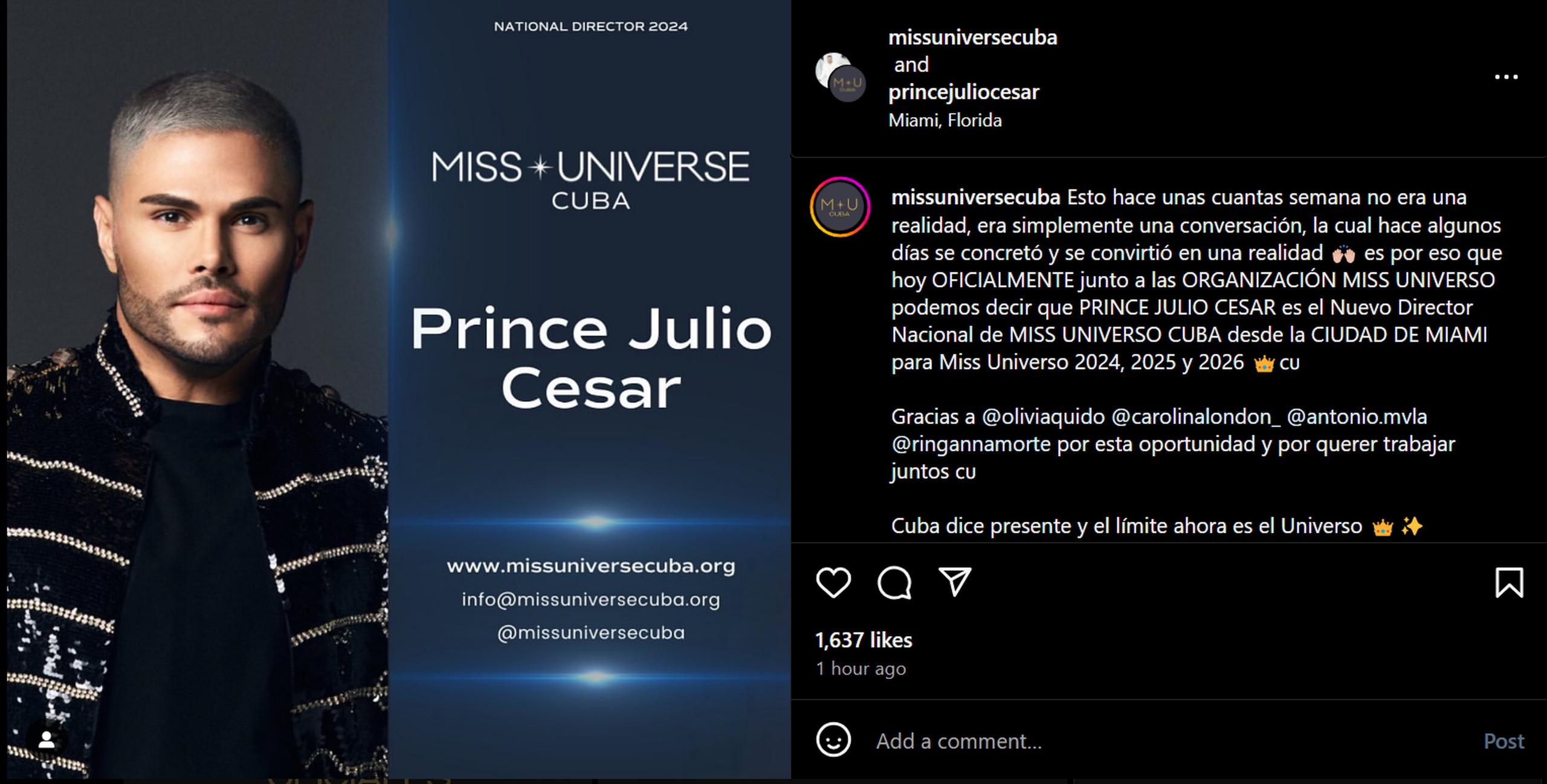 Miss Universe Cuba presentó a su nuevo director nacional, Prince Julio César, en sus redes sociales.