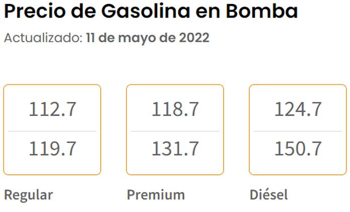 Precios de la gasolina en bomba el 11 de mayo de 2022.