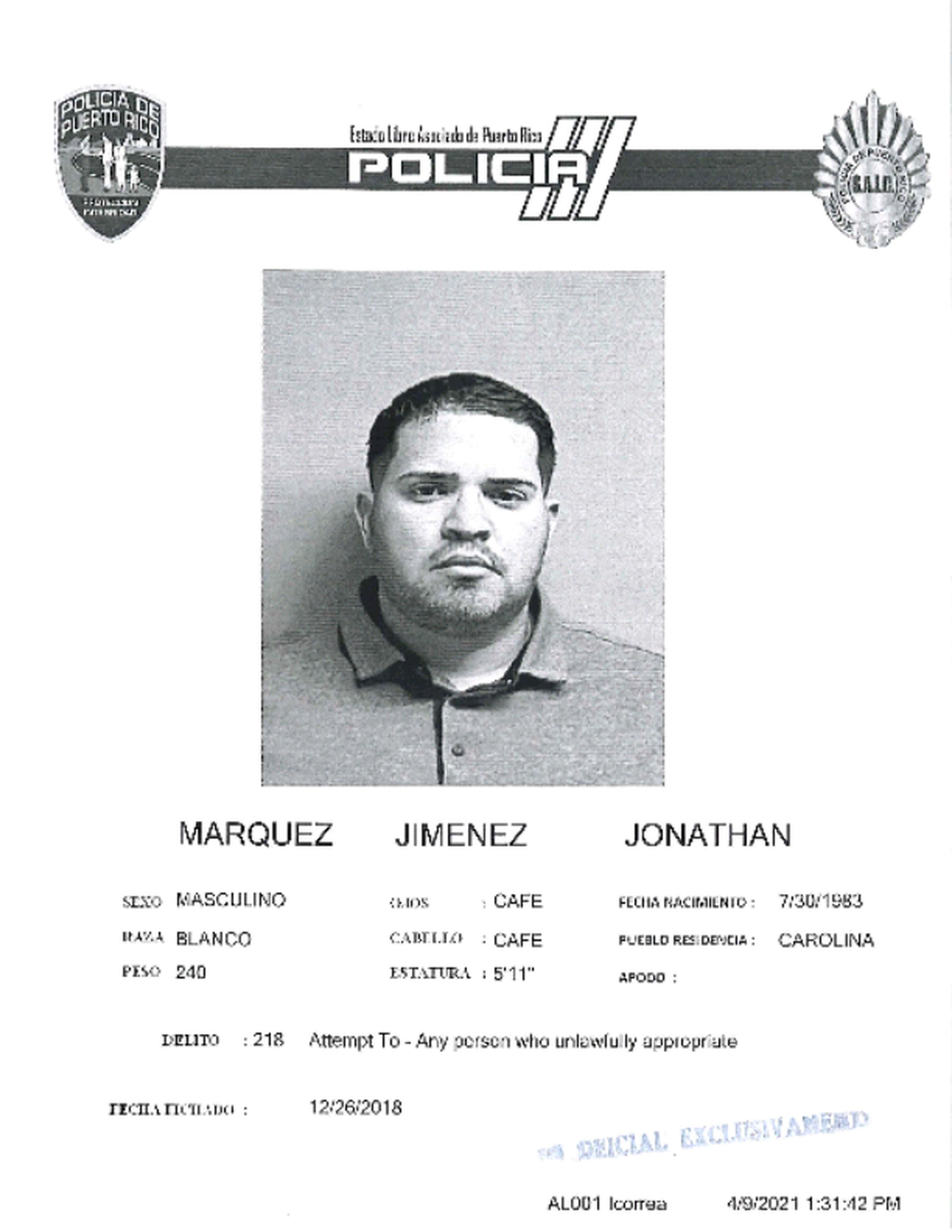 Jonathan Márquez Jiménez, quien figuraba como el primero en la lista de Los Más Buscados por los Alguaciles de la Región Judicial de Carolina, fue arrestado en el Hospital Universitario.