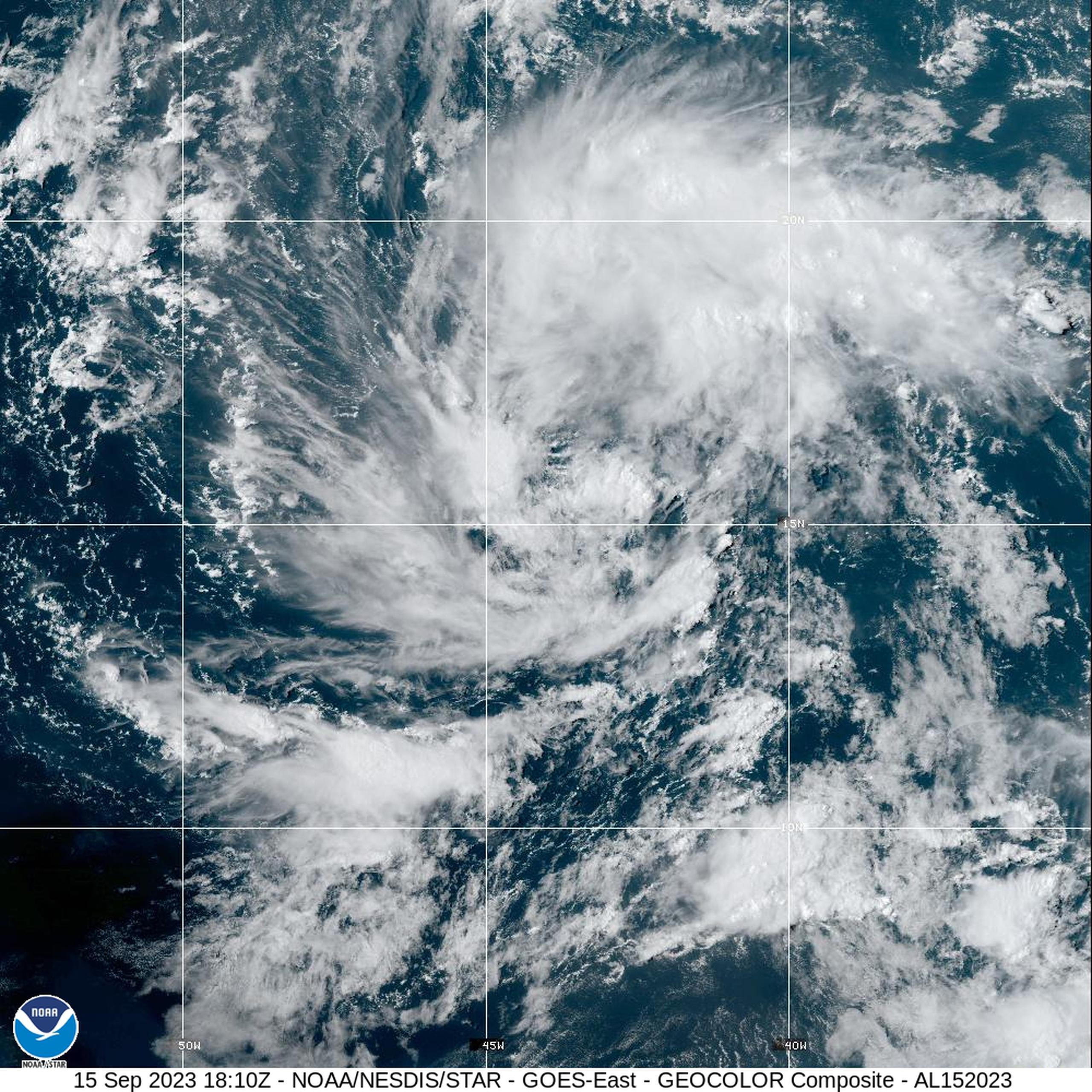 Imagen de satélite de la depresión tropical 15 en el Atlántico el 15 de septiembre de 2023.