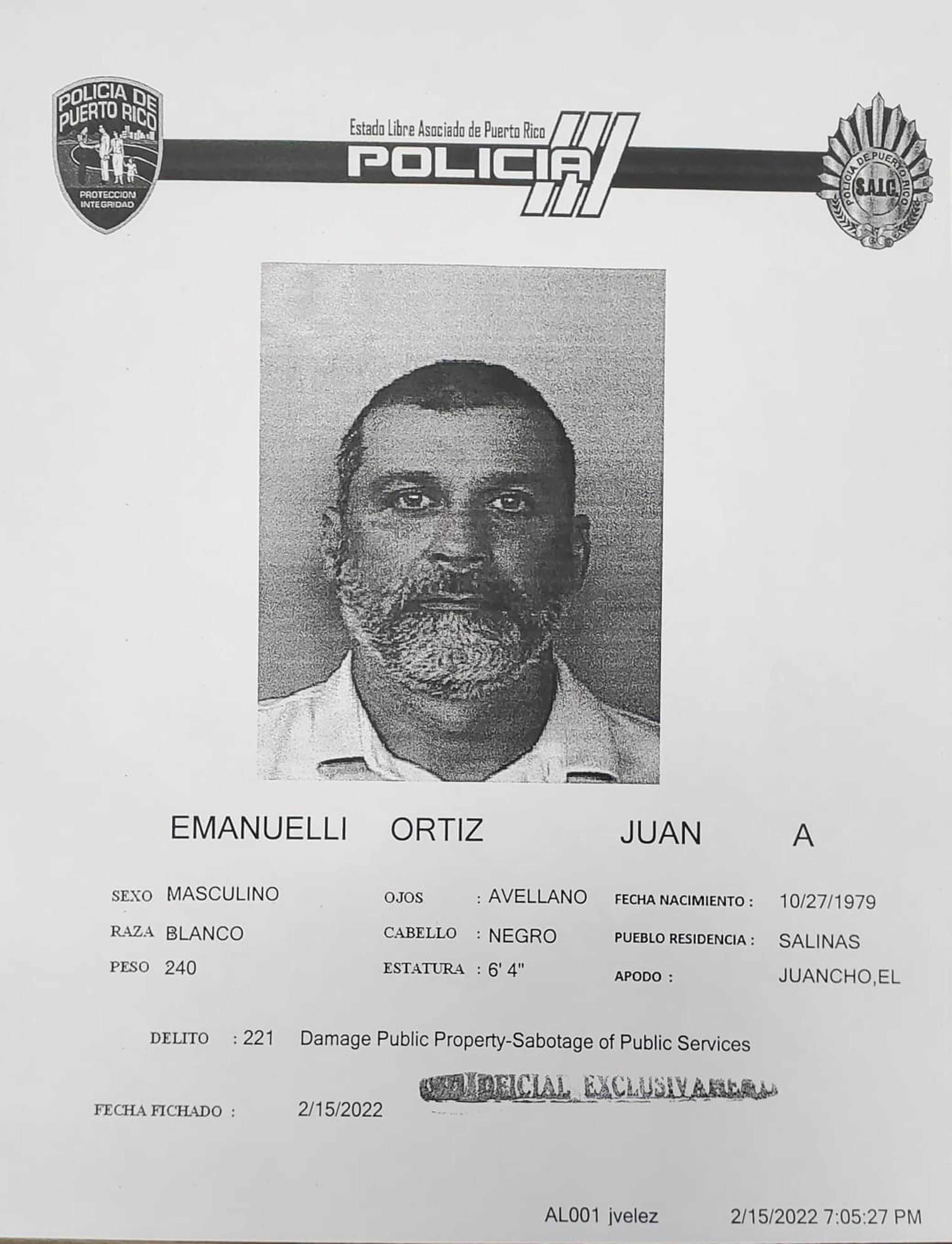 Ficha policial de Juan Emmanueli Ortiz.
