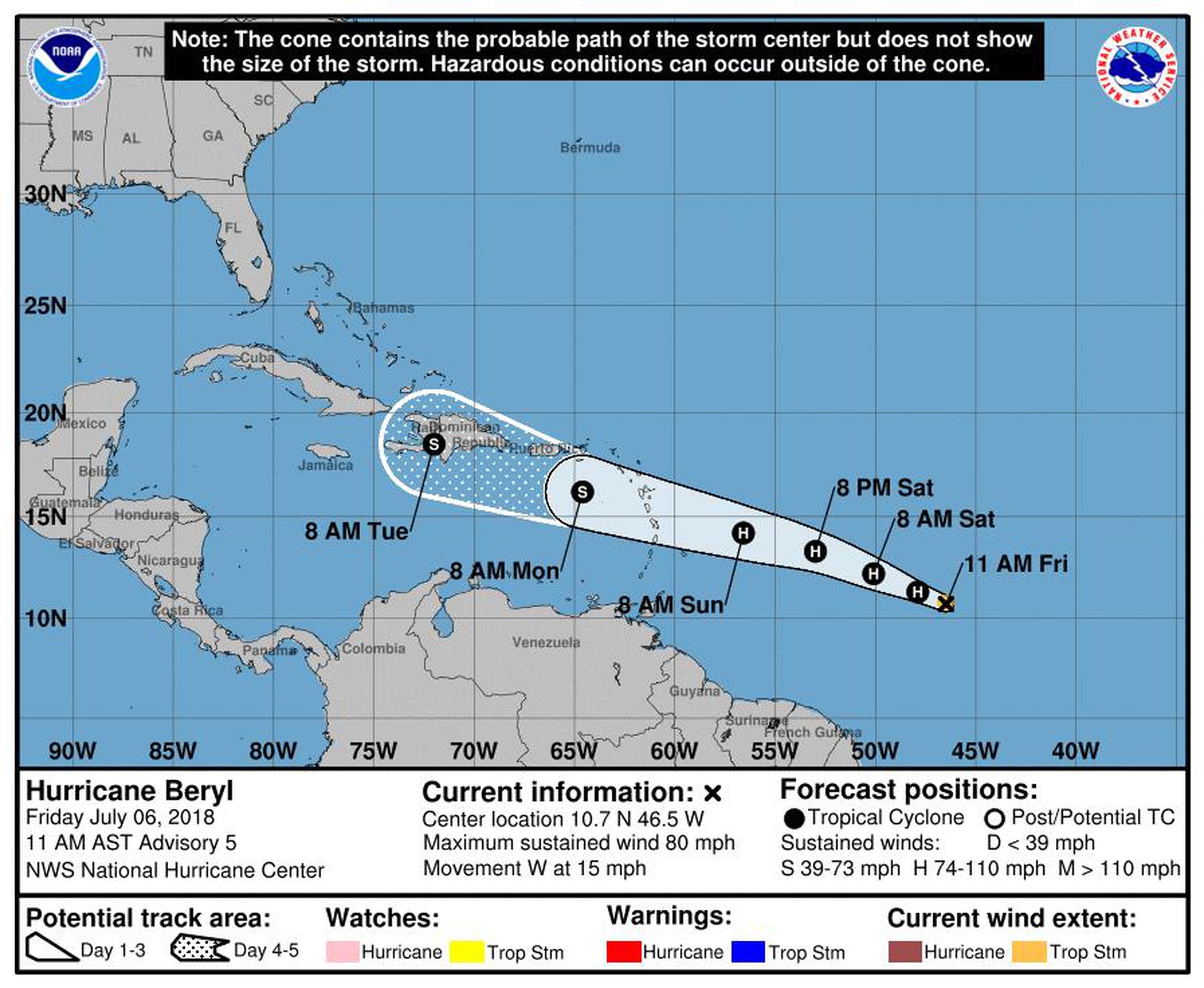 Posible trayectoria de Beryl, según el boletín de las 11:00 a.m. del Centro Nacional de Huracanes. (NOAA)