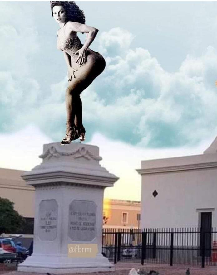 Meme de Iris Chacón con respecto al derrumbe de la estatua de Juan Ponce de León en el Viejo San Juan.