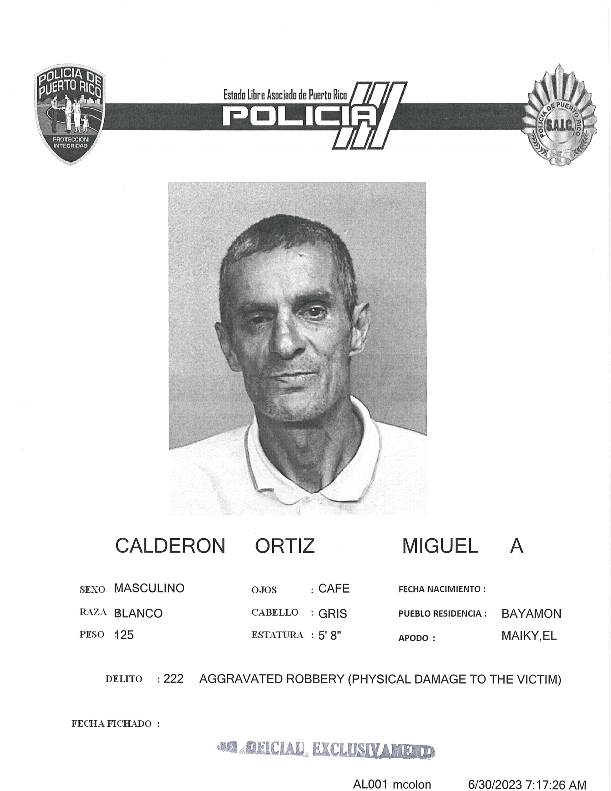 Miguel Ángel Calderón Ortiz tenía expediente criminal, informó la Policía.