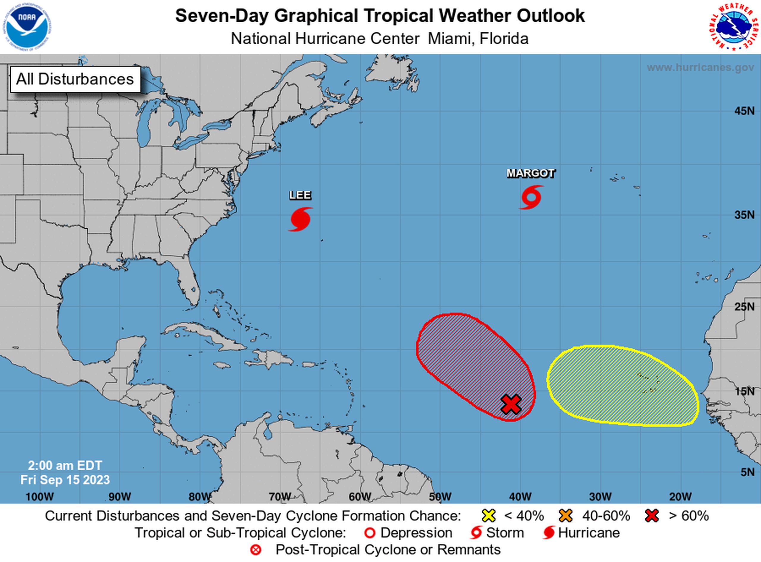 Perspectiva gráfica del clima tropical del Atlántico para siete días, el 15 de septiembre de 2023.