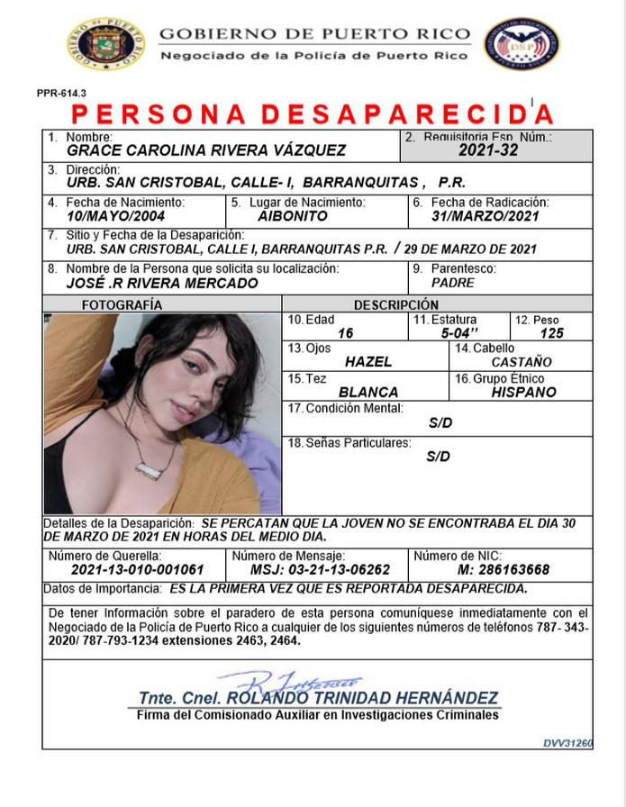 Grace Carolina Rivera Vázquez desapareció de su residencia localizada en la urbanización San Cristóbal, en Barranquitas.