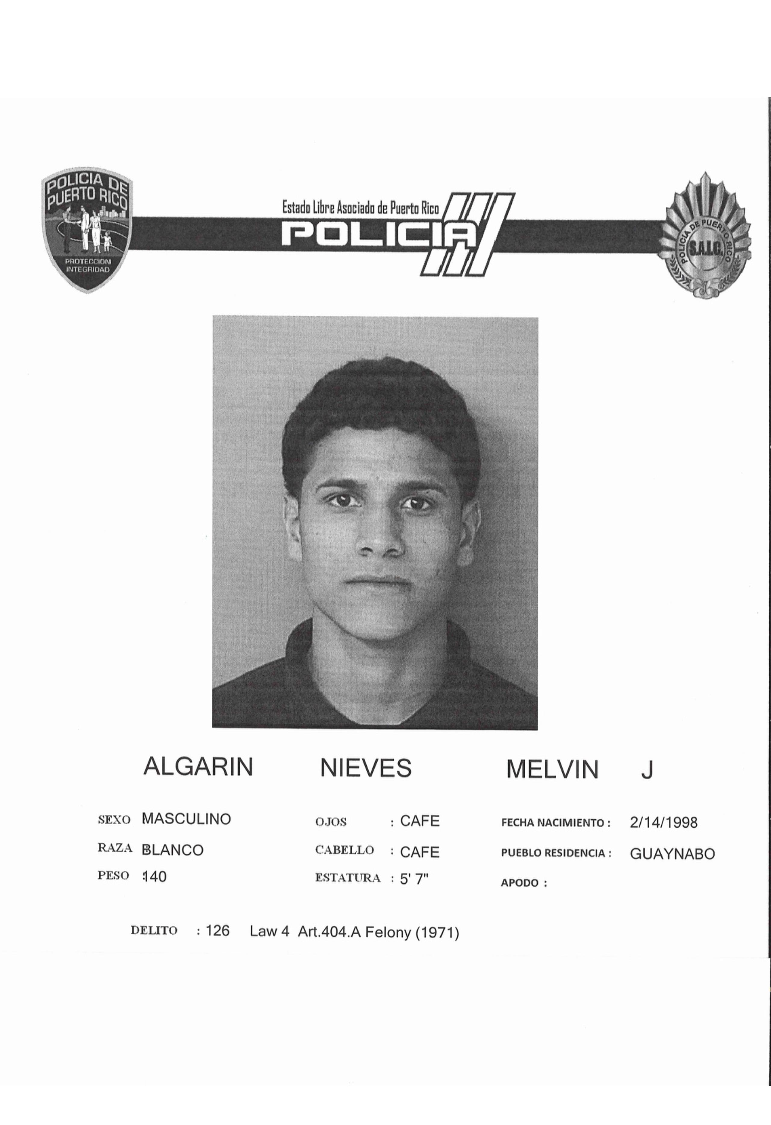 De tener información que pueda ayudar a las autoridades a dar con el paradero de Melvin Algarín Nieves, puede comunicarse a los teléfonos (787)-480-5345, (787)-480-5342 o el (787)-480-2020.