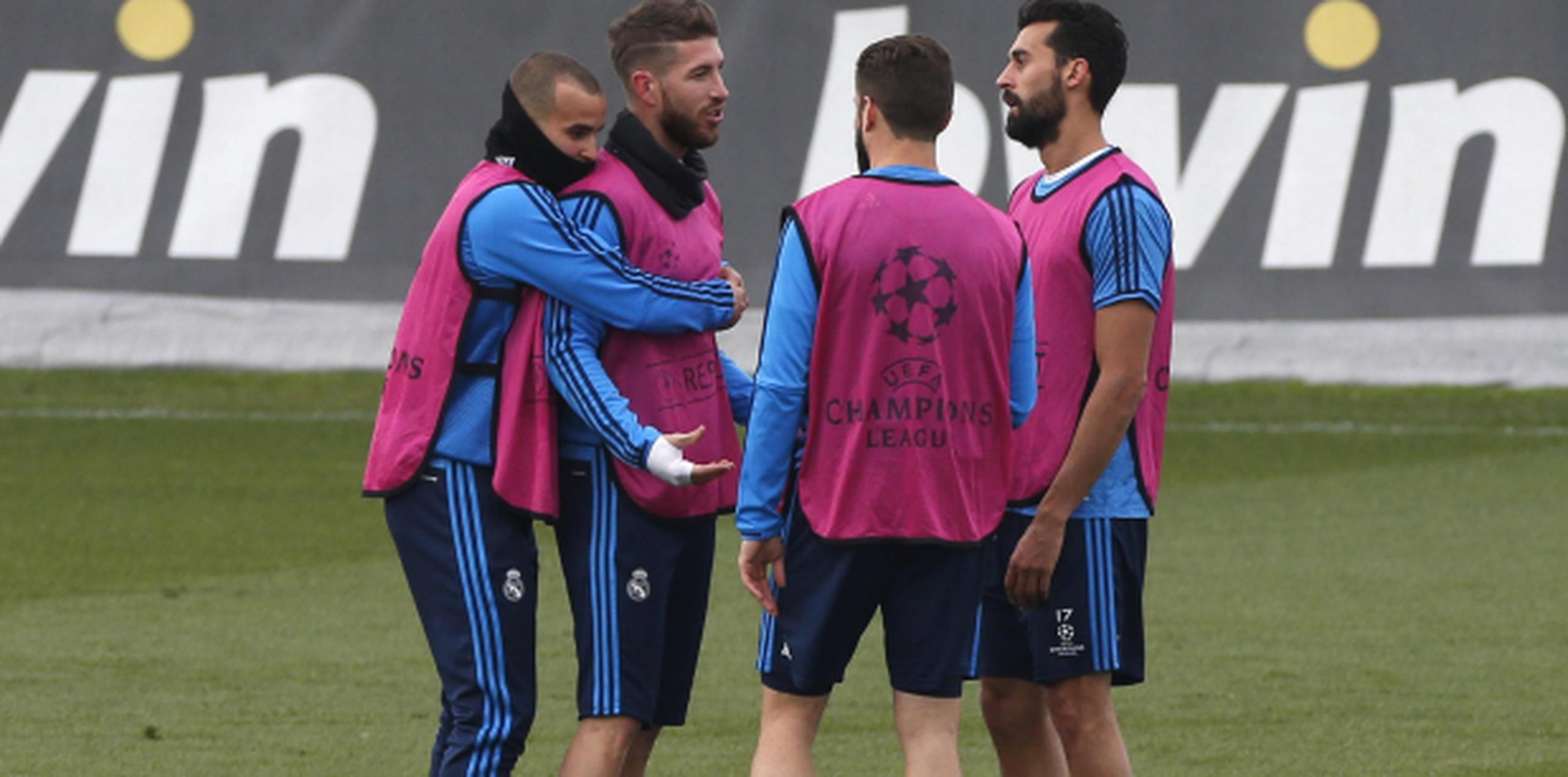 Jesé, Sergio Ramos, Nacho y Arbeloa, durante un entrenamiento del equipo. (EFE)