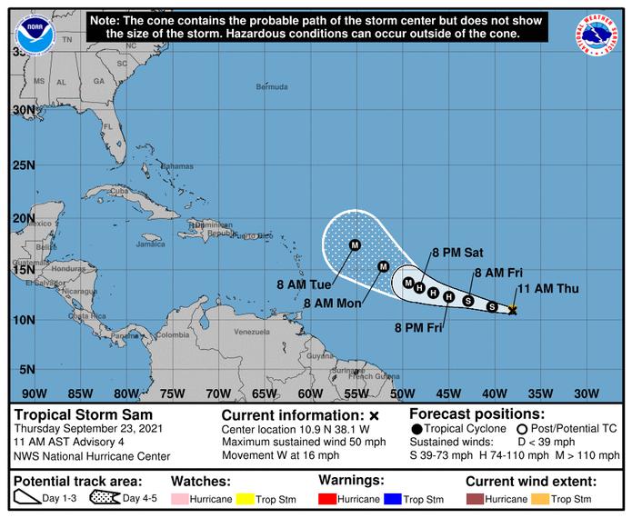 Sam se convertiría en un huracán intenso durante el fin de semana. (NOAA)