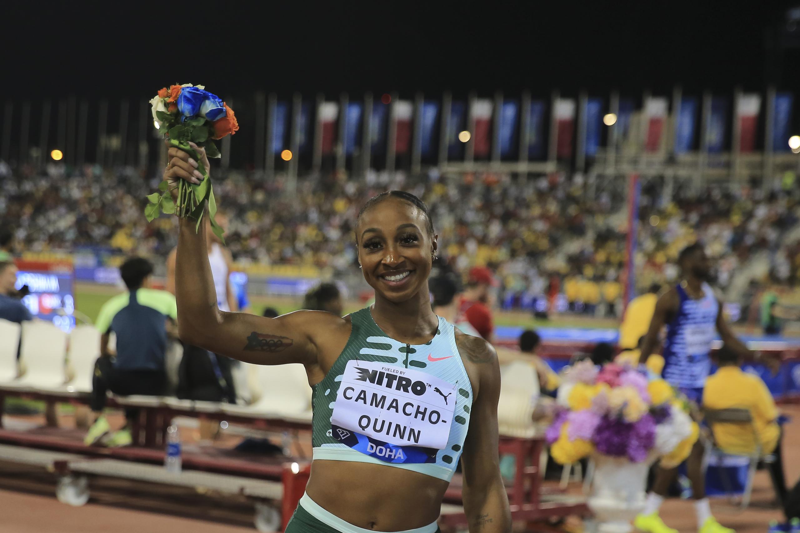 Jasmine Camacho Quinn celebra su victoria del pasado mayo en Doha, Qatar.