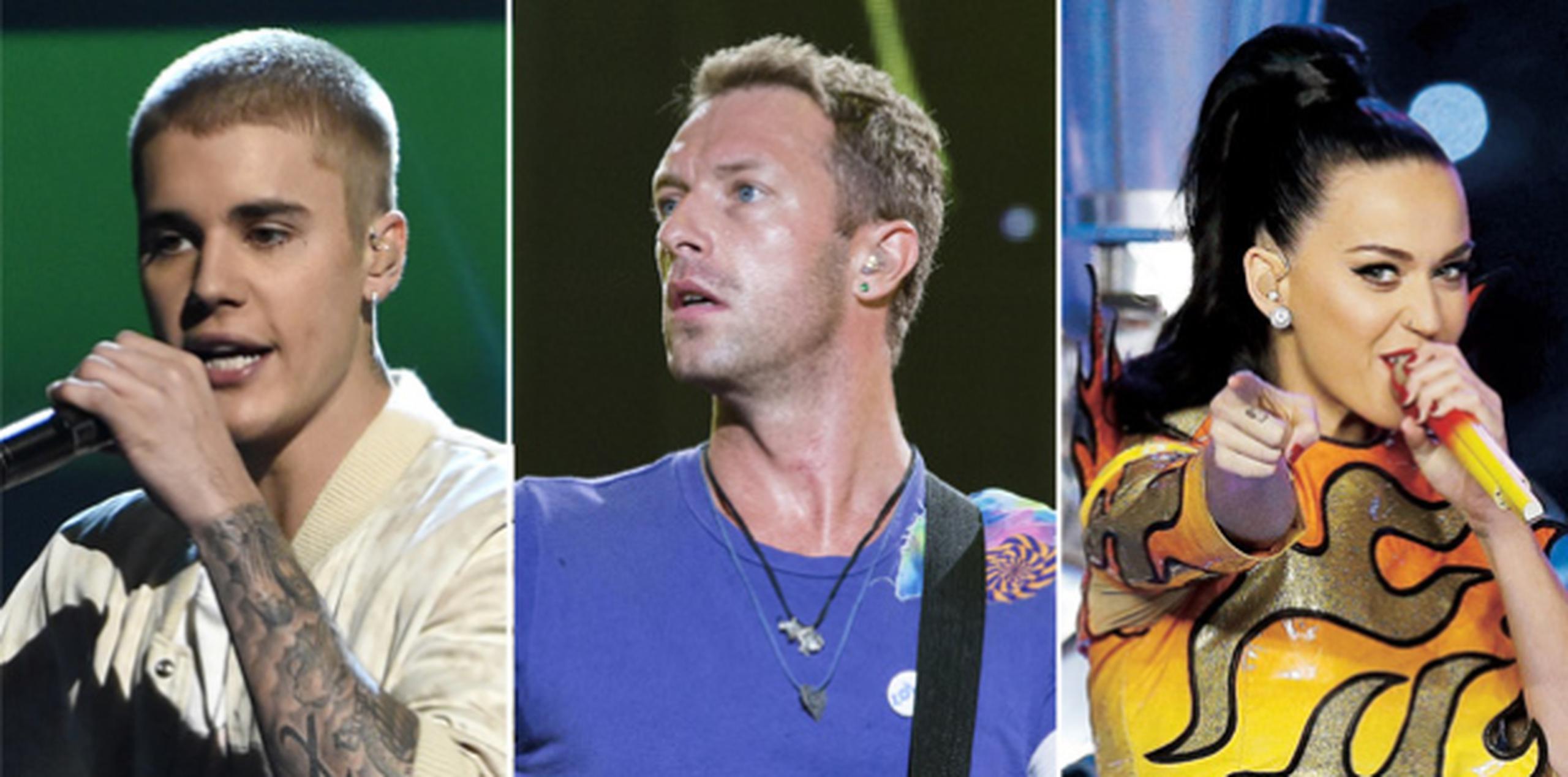 Justin Bieber, Chris Martin de Coldplay y Katy Perry. (Archivo)