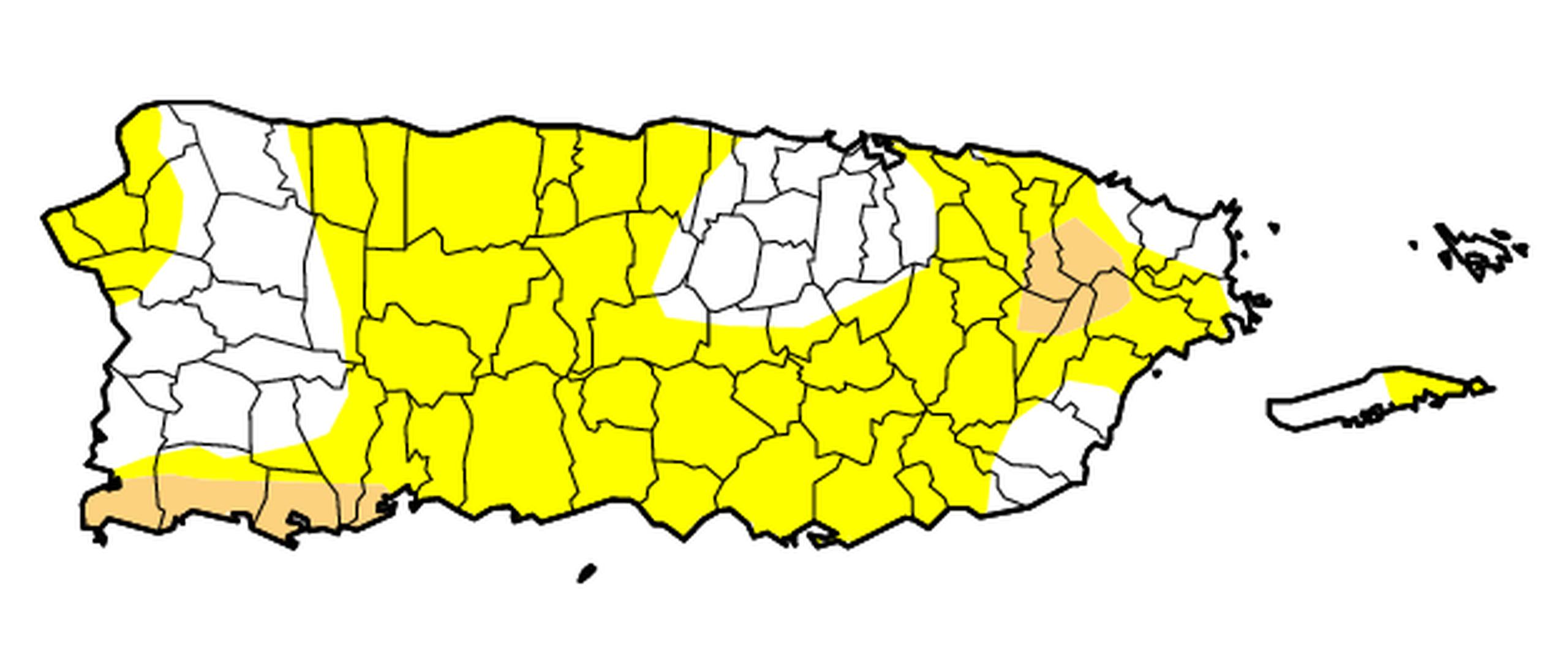 El mapa preparado por el Monitor de Sequía federal muestra que en las zonas amarillas se está bajo sequía anómala, mientras que las cremas están bajo sequía moderada.