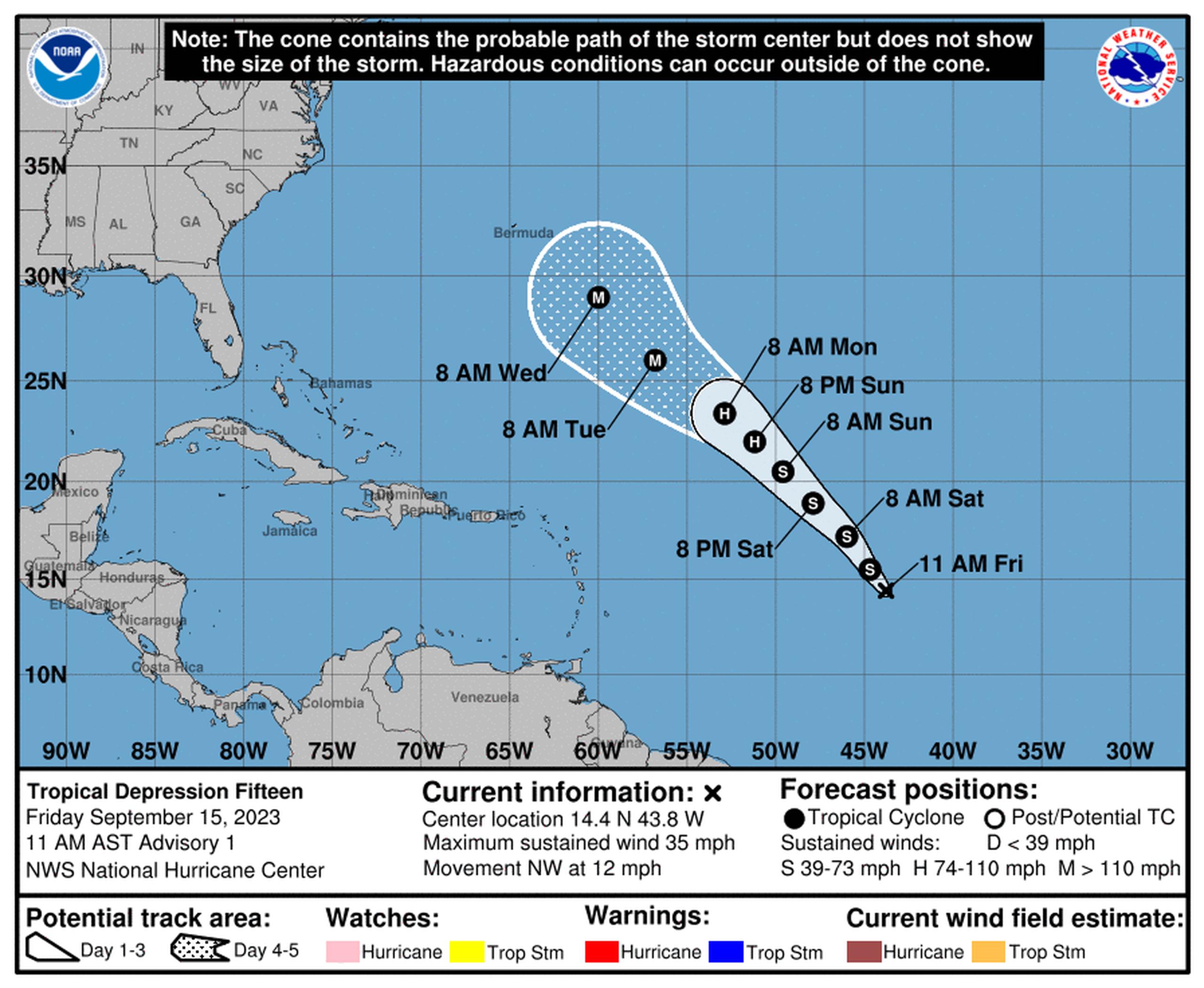 La depresión tropical 15 se formó en el Atlántico el 15 de septiembre de 2023.