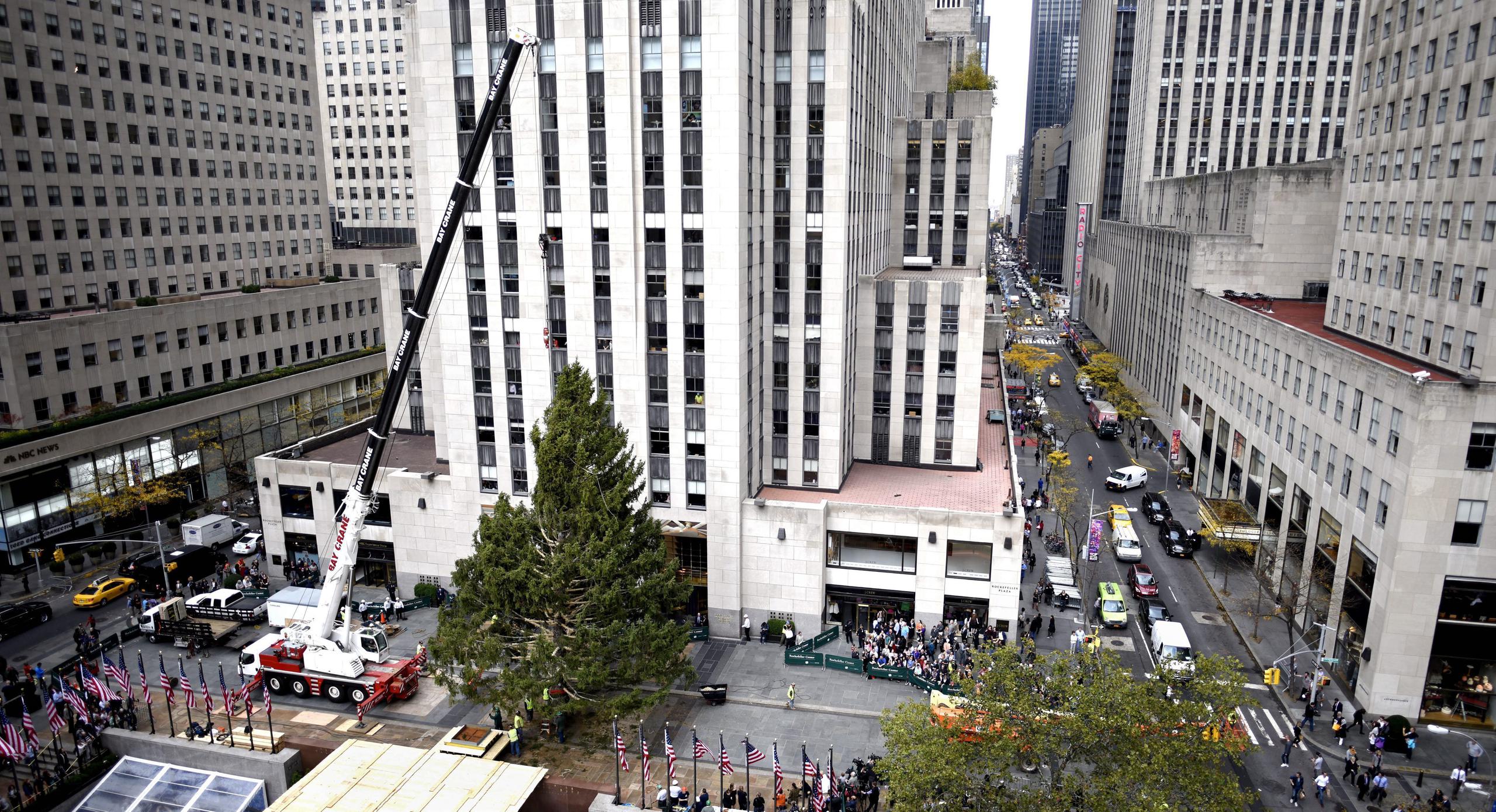 Varios operarios trabajan con una grúa en la instalación del árbol de Navidad en el Rockefeller Center de Nueva York, Estados Unidos.